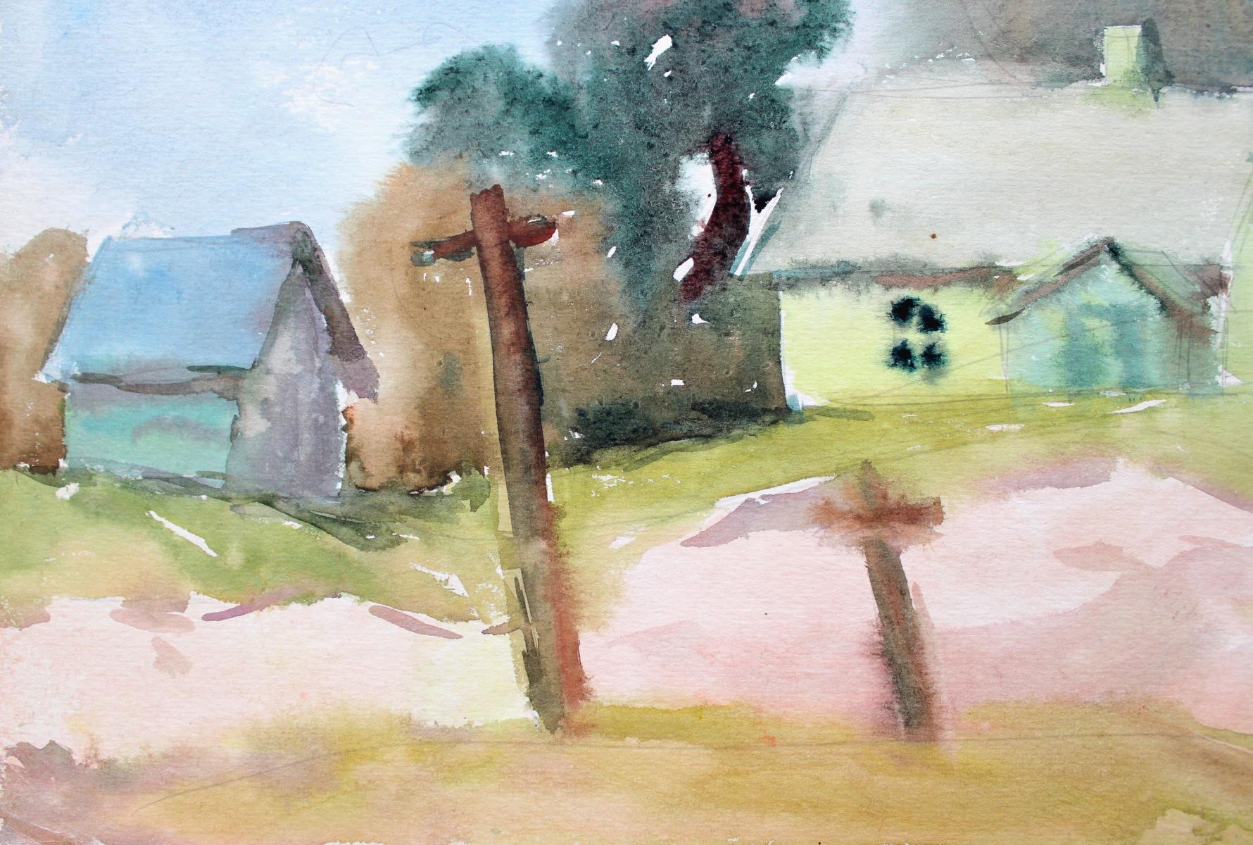 Rural landscape. Paper, watercolor, 30 x 41. 5 cm - Realist Art by Dzidra Ezergaile