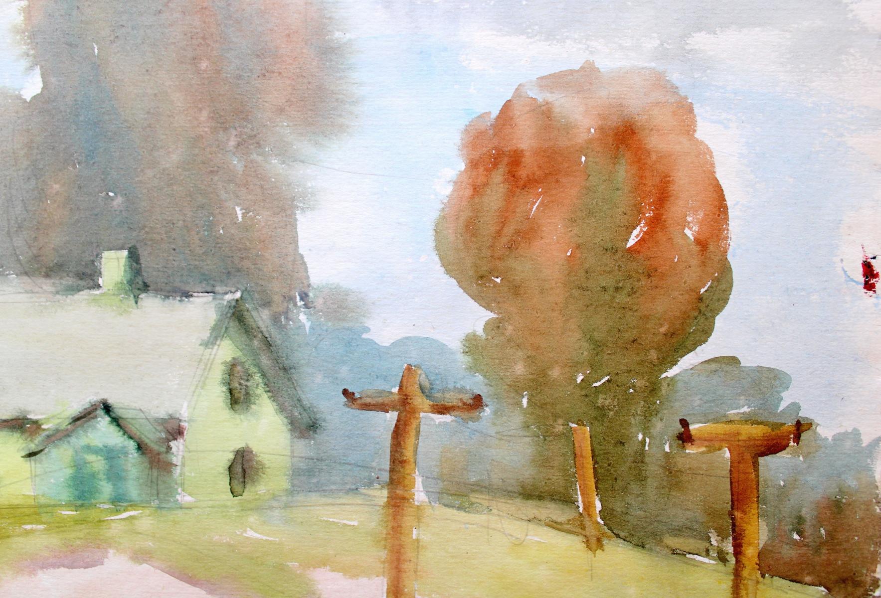 Rural landscape. Paper, watercolor, 30x41.5 cm

Dzidra Ezergaile (1926-2013)
Born in Riga. School years alternate with summer work in the countryside. In 1947, she began her studies at the Faculty of Architecture of LVU, but in 1951 she transferred