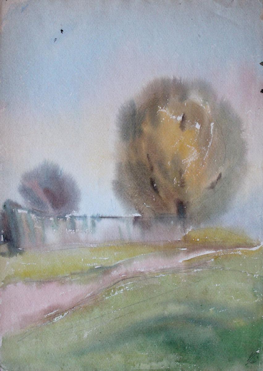 Dzidra Ezergaile Landscape Art - Landscape. Paper, watercolor, 42x30 cm