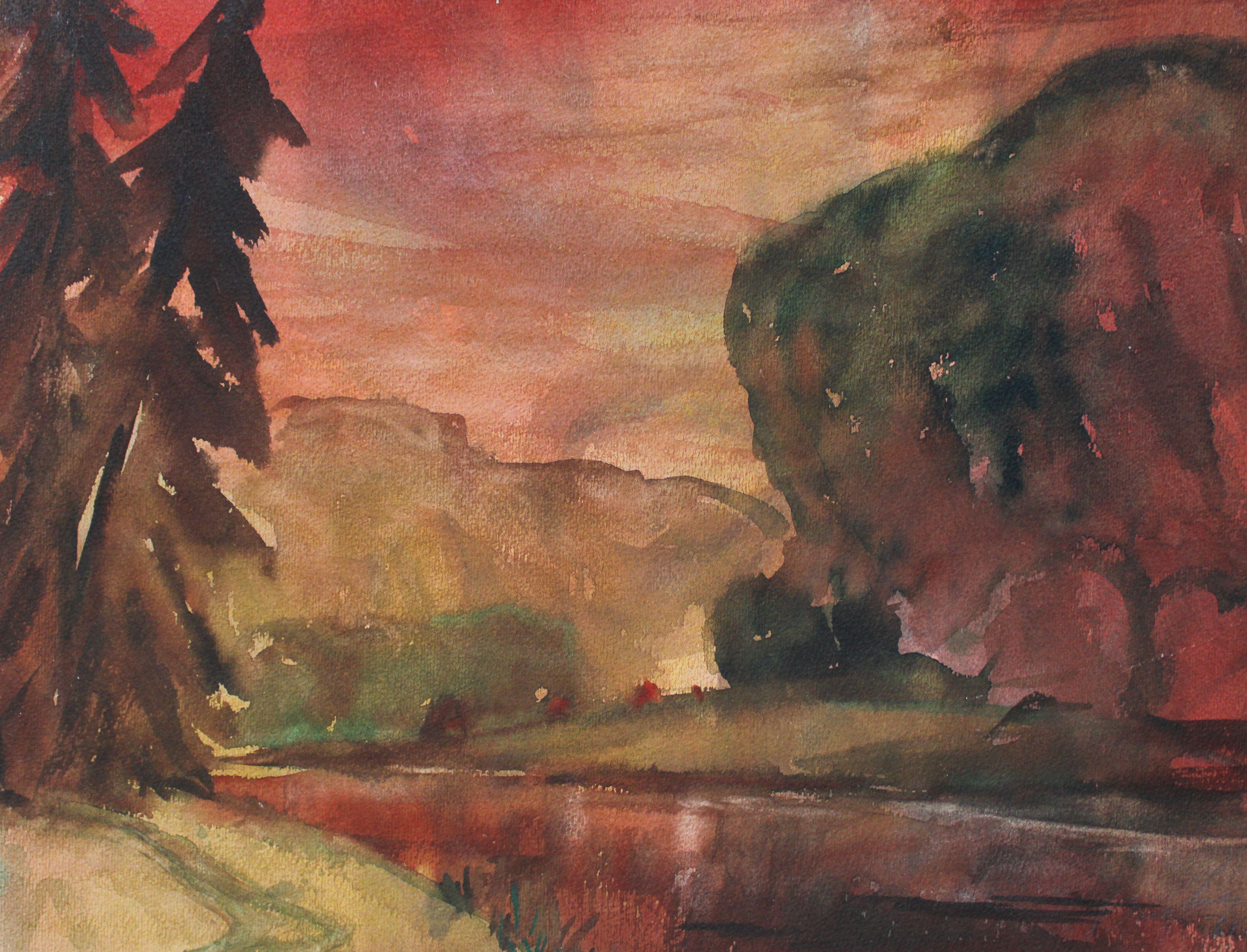 Dzidra Ezergaile Interior Art - Scarlet sunset. Bilateral. Paper, watercolor, 26.5x35 cm