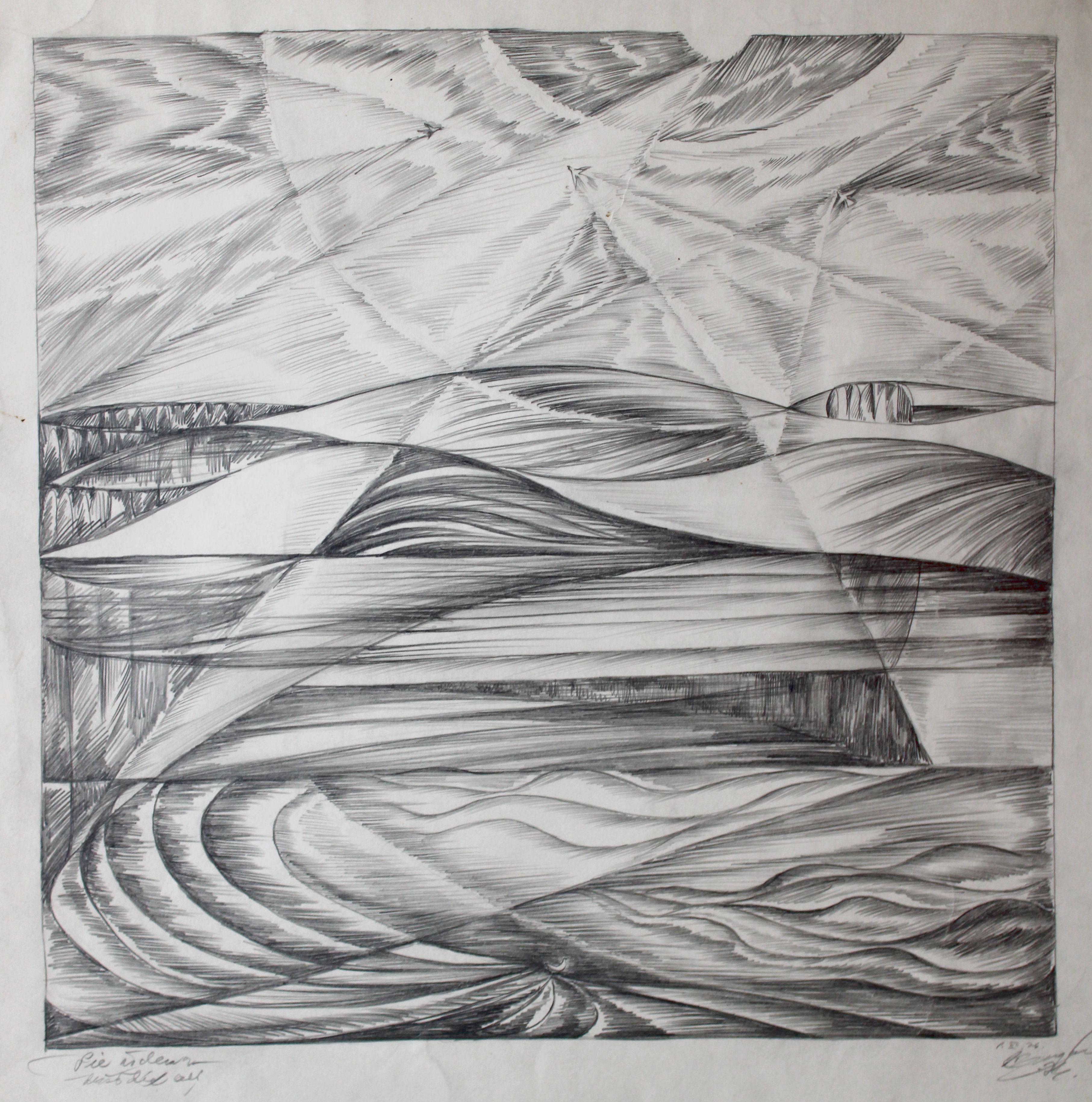 Dzidra Ezergaile Landscape Art - Swallows by the water. 1976, paper, pencil, 45. 5 x 40. 5 cm
