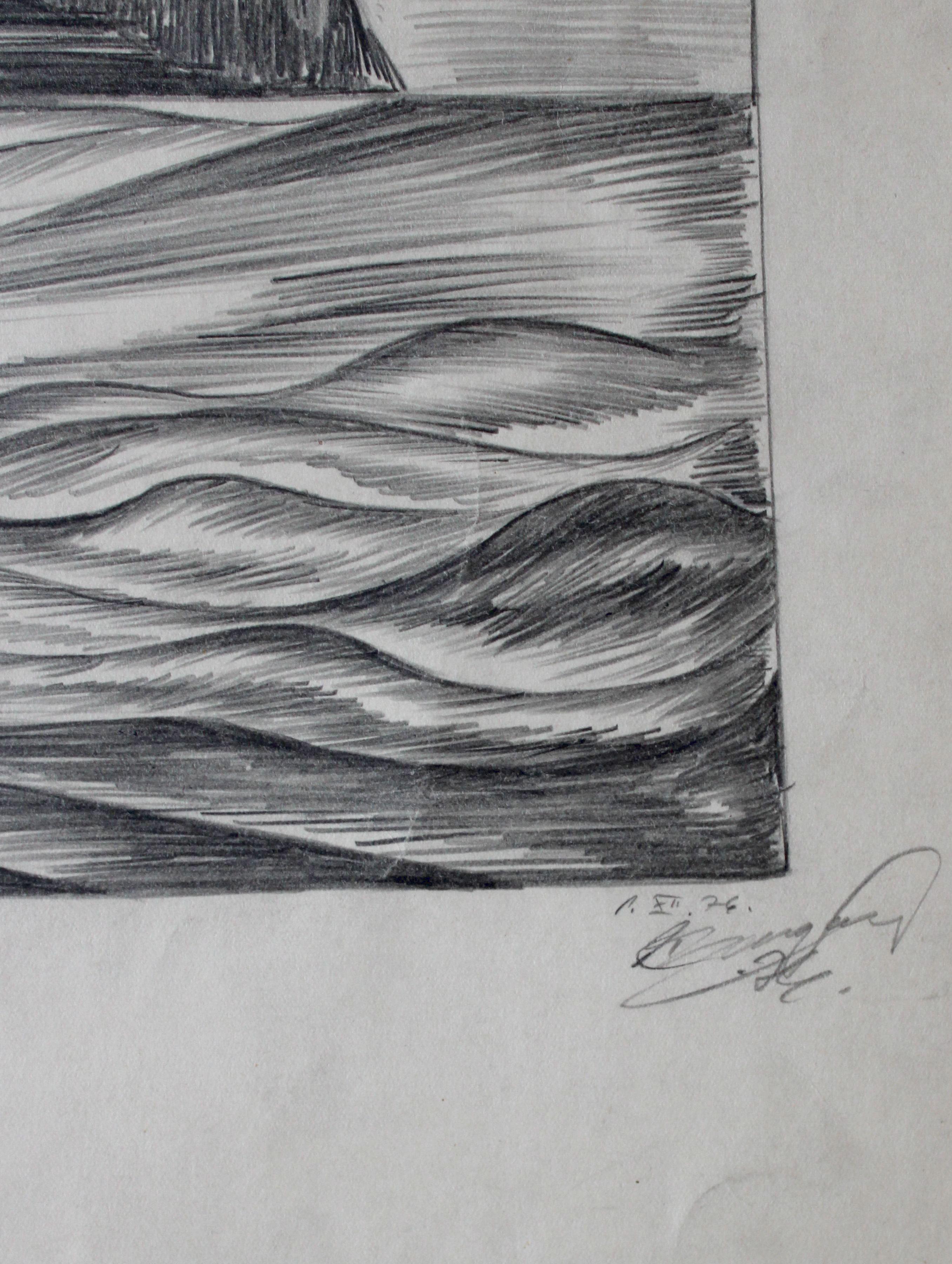 Swallows by the water. 1976, papier, crayon, 45, 5 x 40, 5 cm - Moderne Art par Dzidra Ezergaile