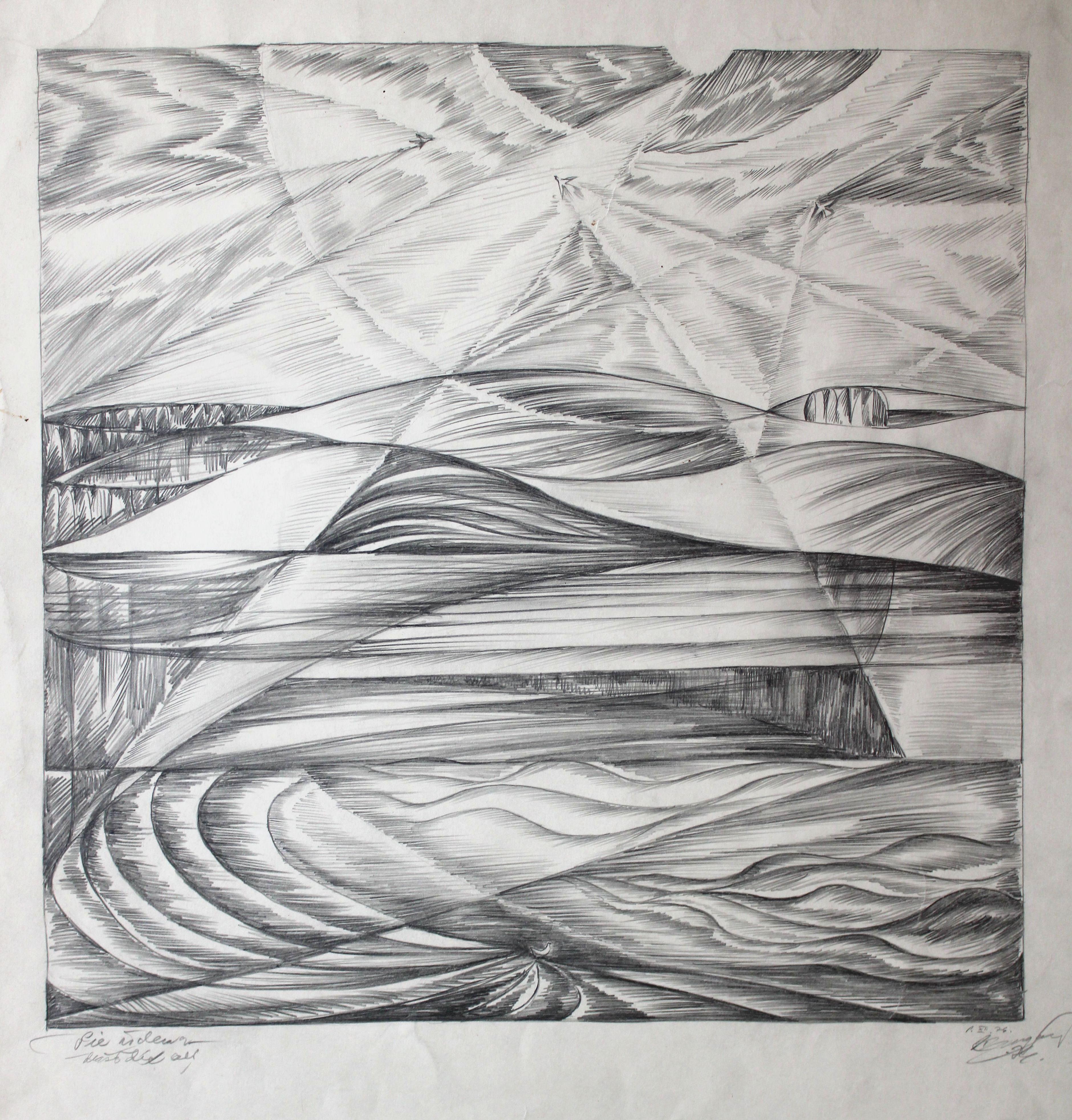 Swallows by the water. 1976, papier, crayon, 45, 5 x 40, 5 cm - Art de Dzidra Ezergaile