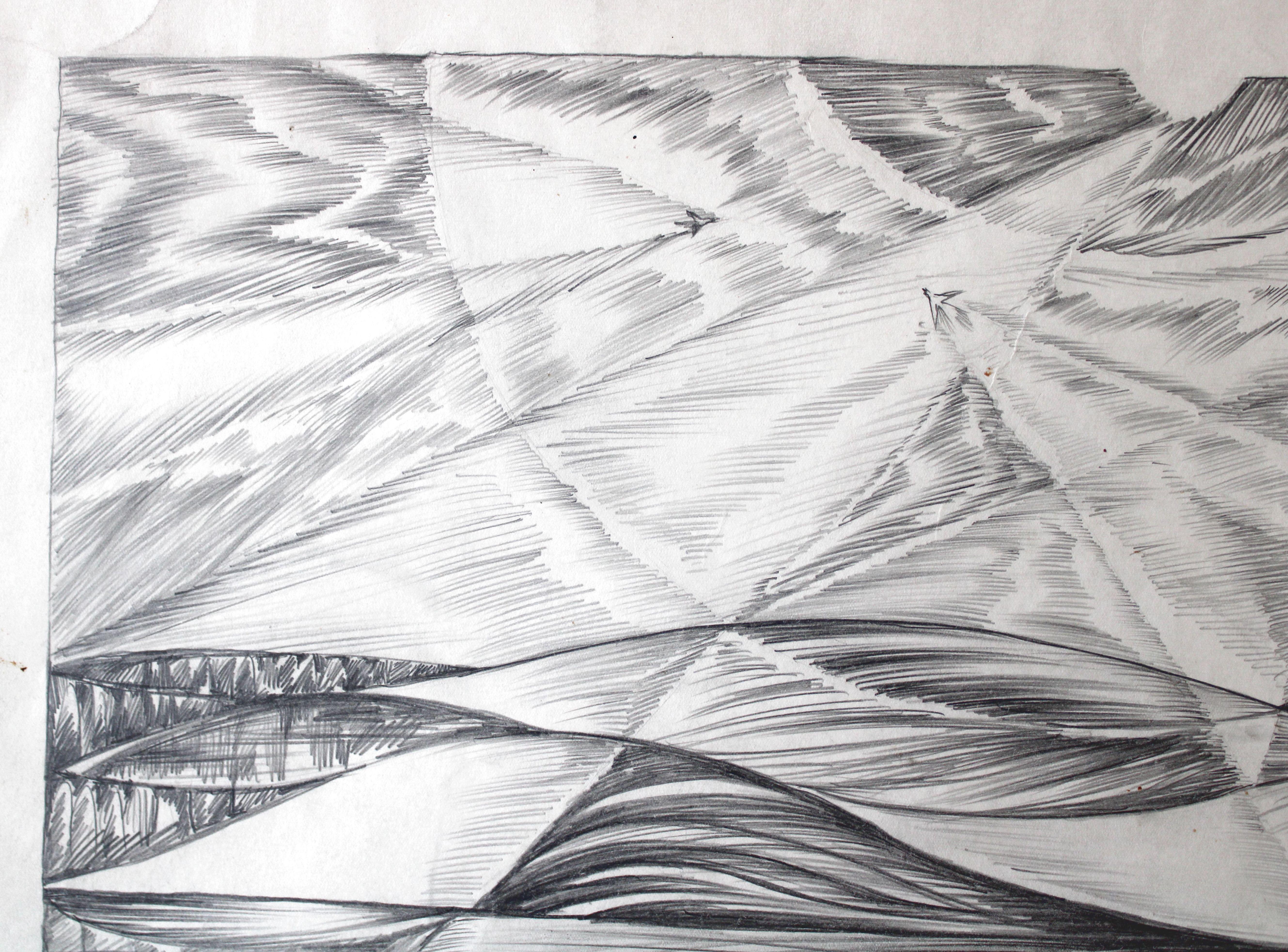 Swallows by the water. 1976, papier, crayon, 45, 5 x 40, 5 cm en vente 2