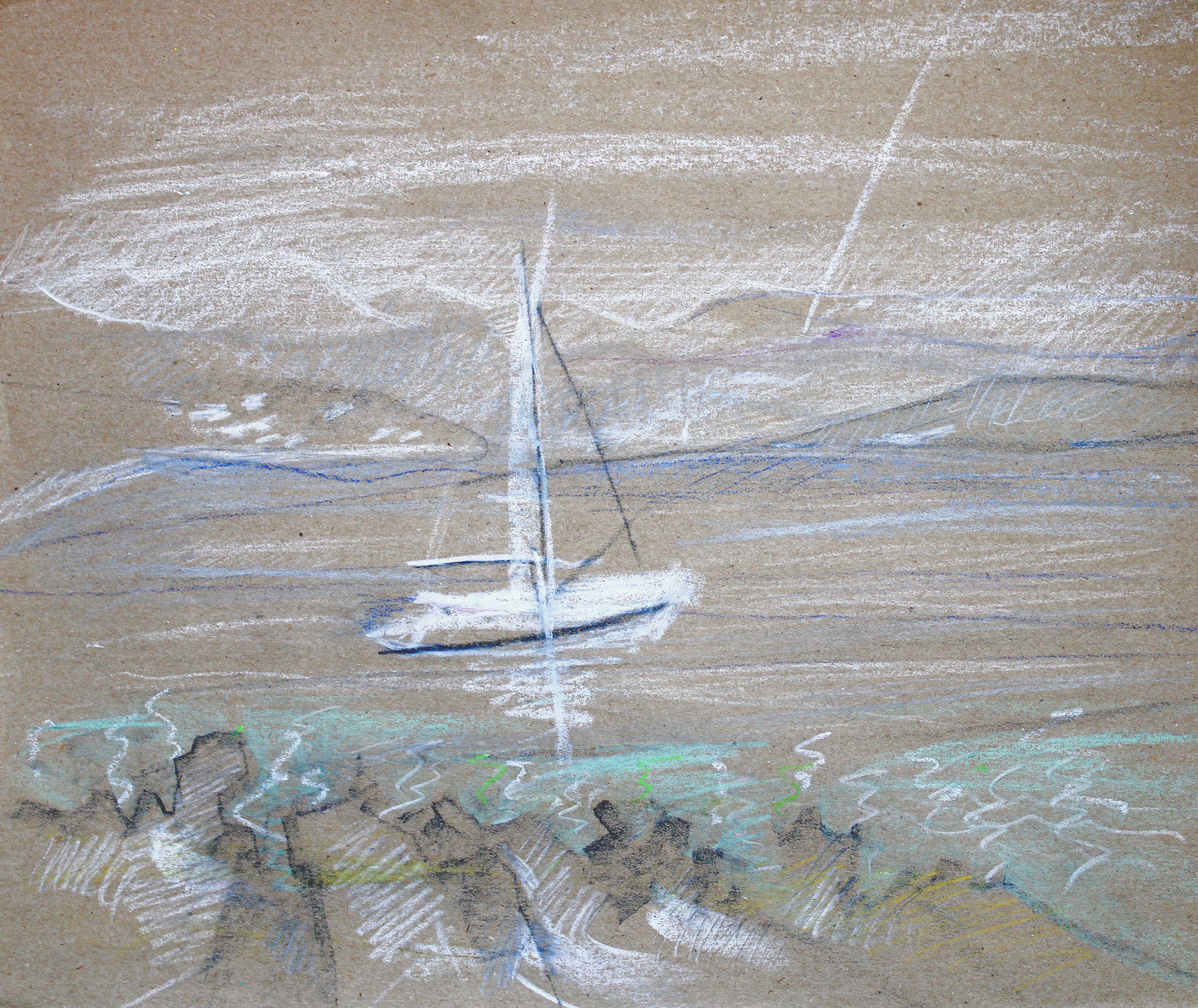 Weißes Segelboot. Papier, Pastell 27x33 cm, Papier