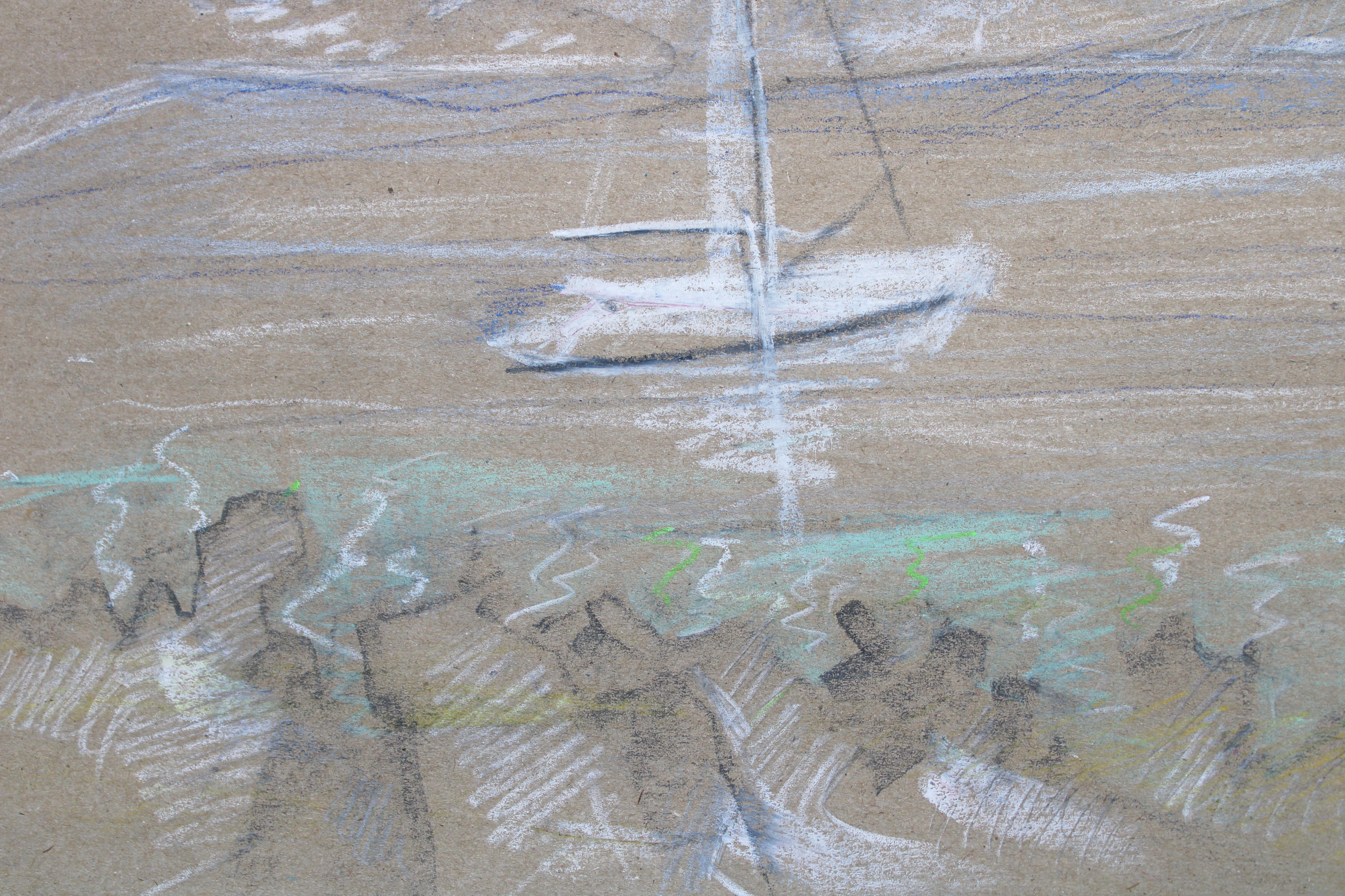 White sailboat. Paper, pastel 27x33 cm - Gray Landscape Art by Victor Karnauh 