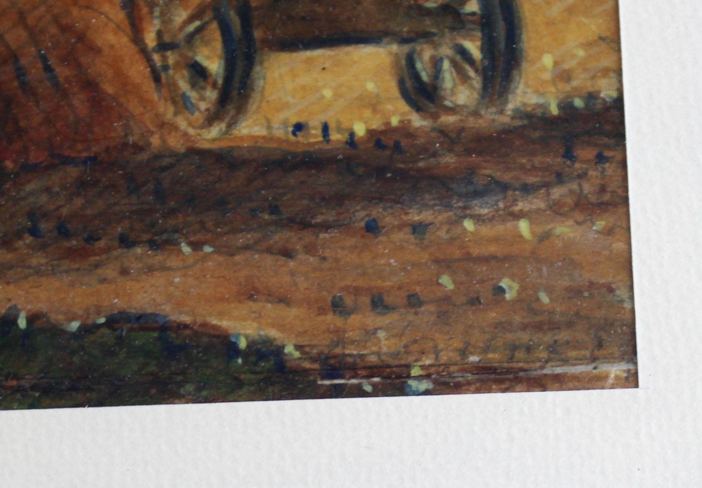 Harvesting hay. 1930s. Paper, oil, 16x15 cm - Impressionist Art by Niklavs Strunke