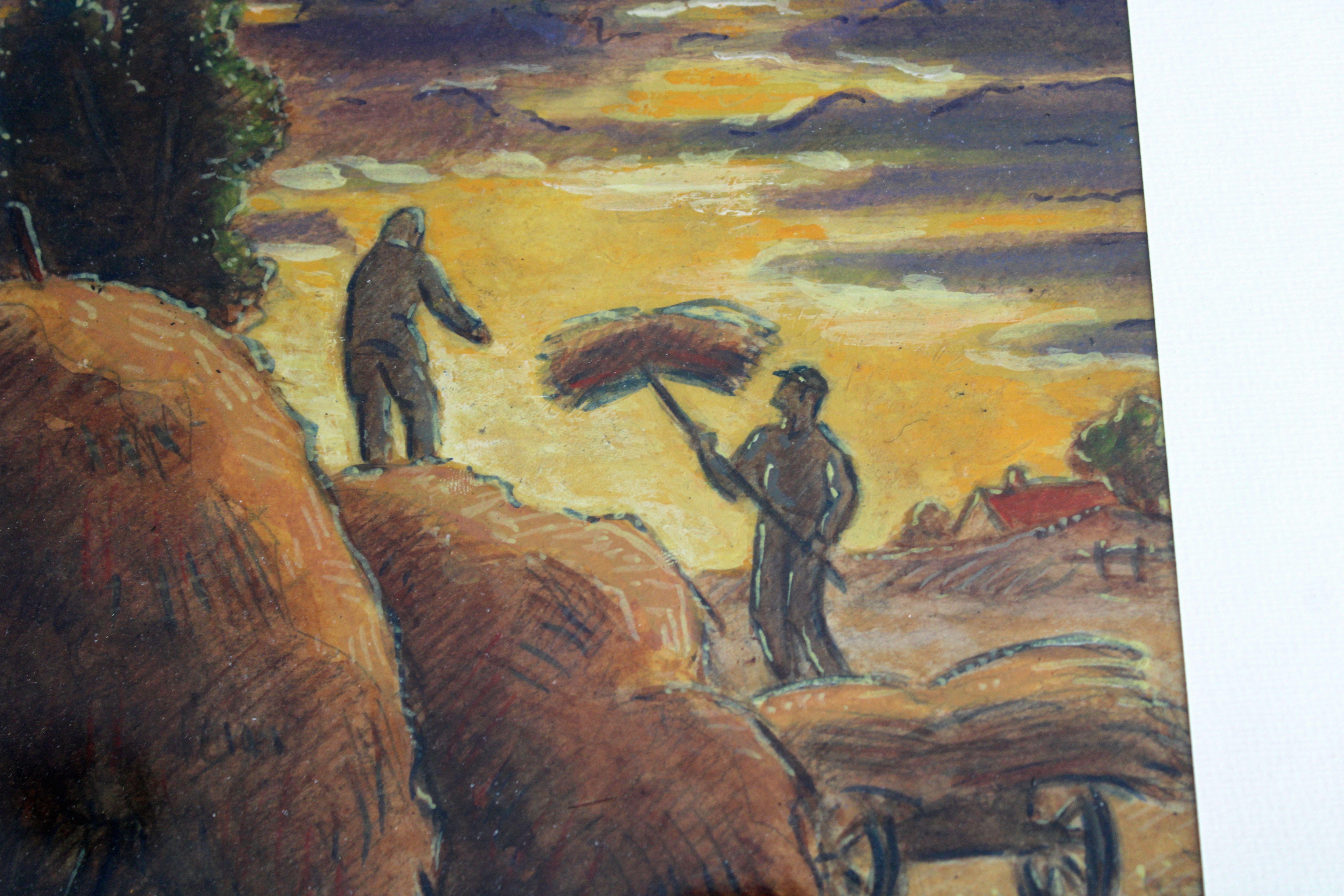 Harvesting hay. 1930s. Paper, oil, 16x15 cm - Brown Figurative Art by Niklavs Strunke
