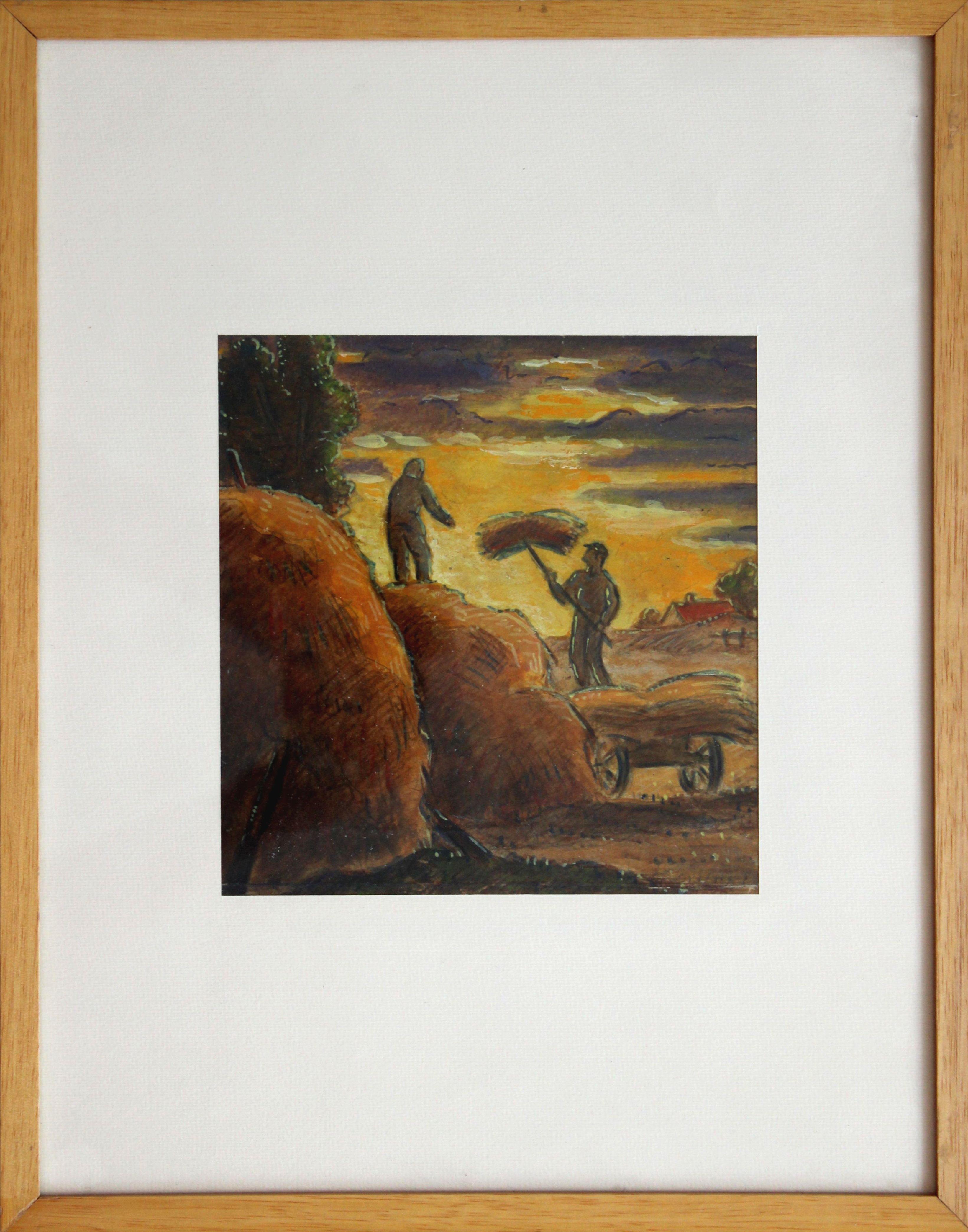 Harvesting hay. 1930s. Paper, oil, 16x15 cm - Art by Niklavs Strunke
