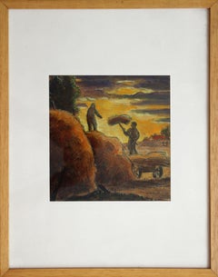 Ernte von Heu. 1930s. Papier, Öl, 16x15 cm, Papier