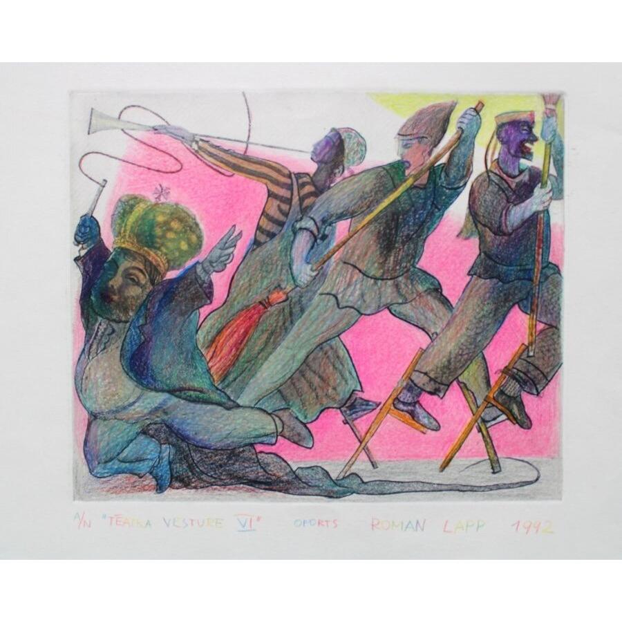 Theater history VI. 1992. Paper, etching, colored pencils 24.5x30 cm - Art by Roman Lapp