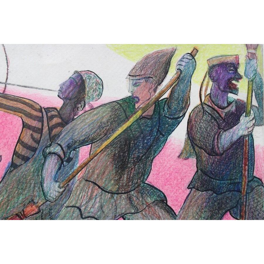 Theater history VI. 1992. Paper, etching, colored pencils 24.5x30 cm - Gray Figurative Art by Roman Lapp
