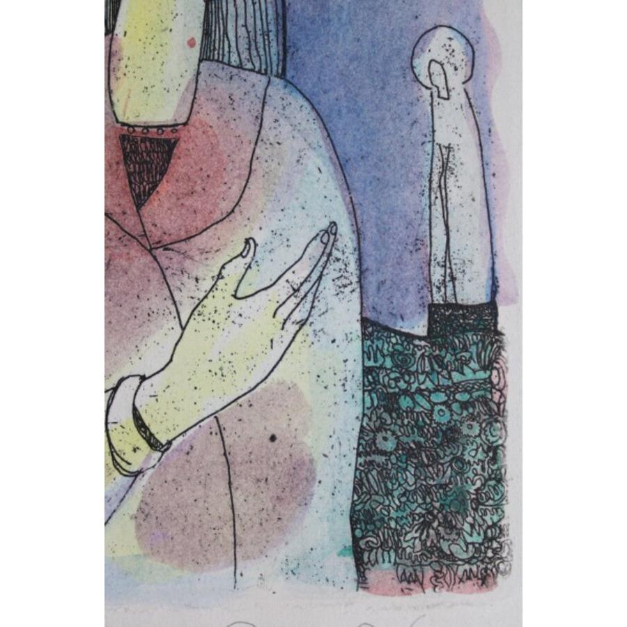Soñadores solitarios 1992, papel, aguafuerte, acuarela, 22x14 cm - Art Expresionista de Roman Lapp