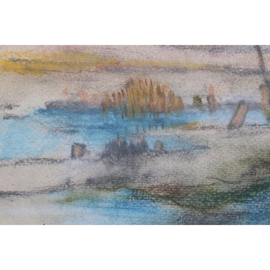 River Flooded. 1950s. Papier, pastel. 26,5x35,5 cm - Impressionnisme Art par Aleksandra Belcova
