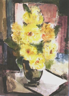 fleurs jaunes. Aquarelle sur papier des années 1980, 75, 5 x 55 cm