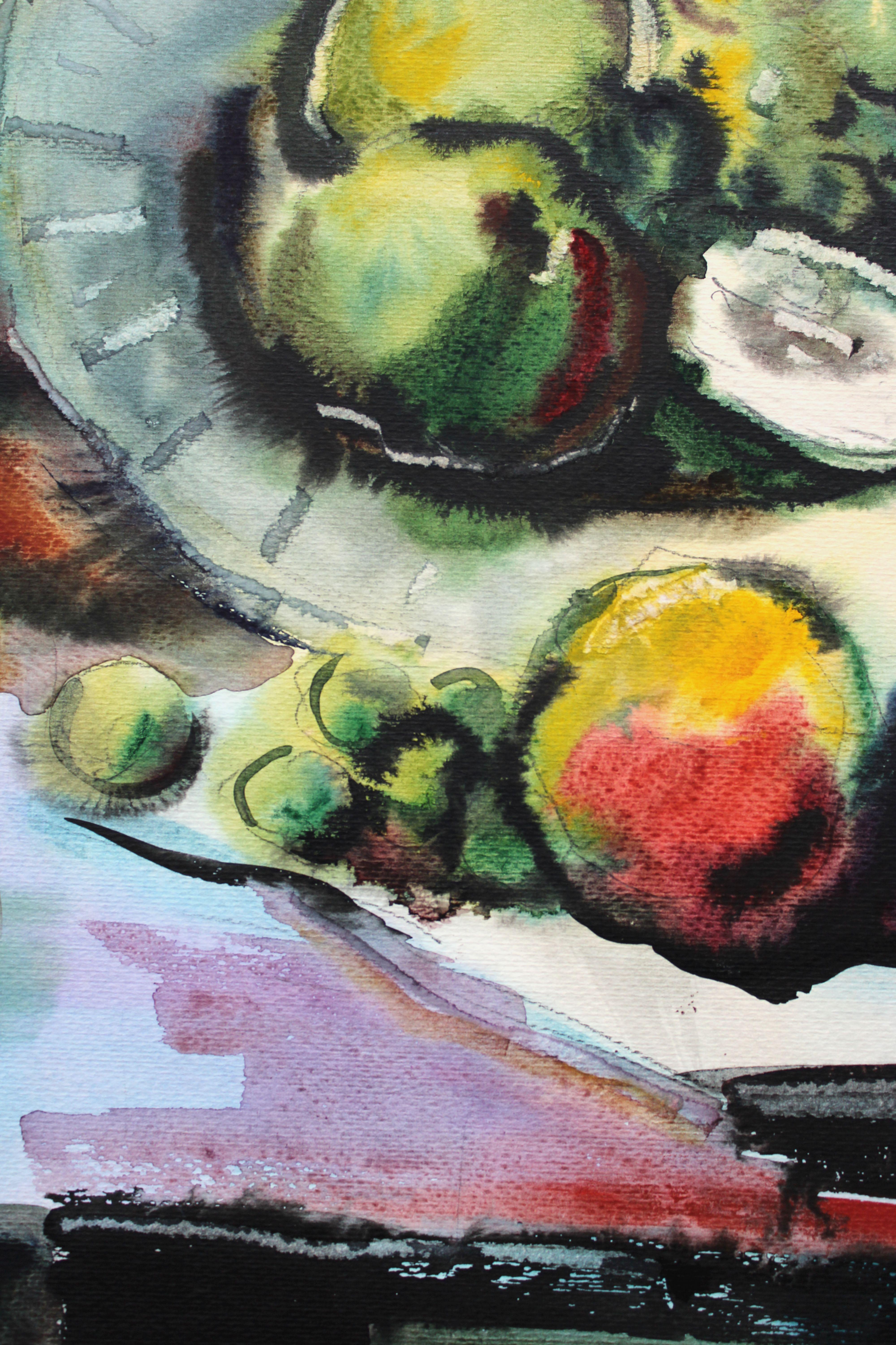 Still life with fruits. 1970's, watercolor on paper, 77x55 cm - Gray Still-Life by Jekabs Arturs Springis 