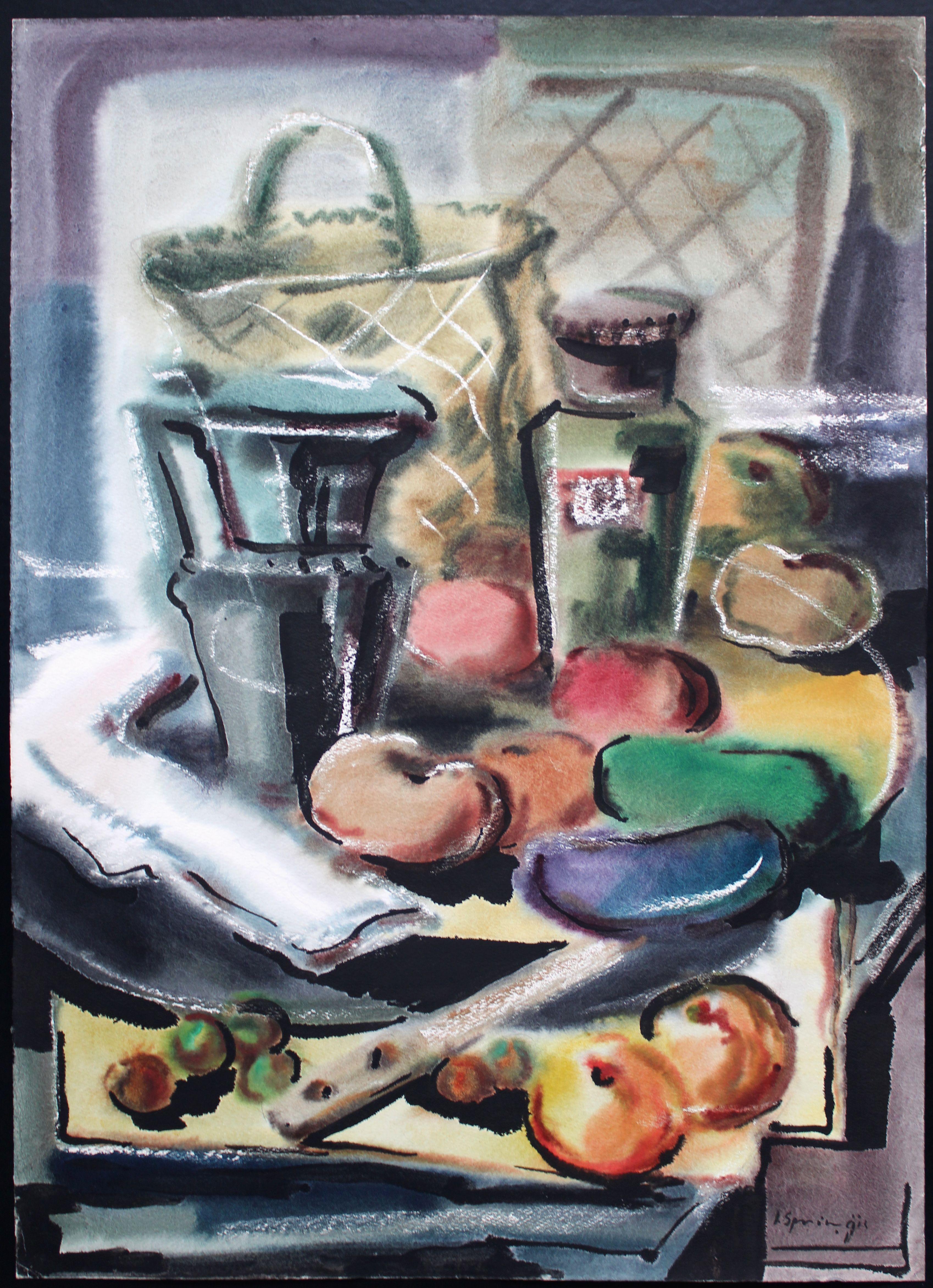 Still life with a basket  1970's, watercolor on paper, 76x55 cm - Art by Jekabs Arturs Springis 