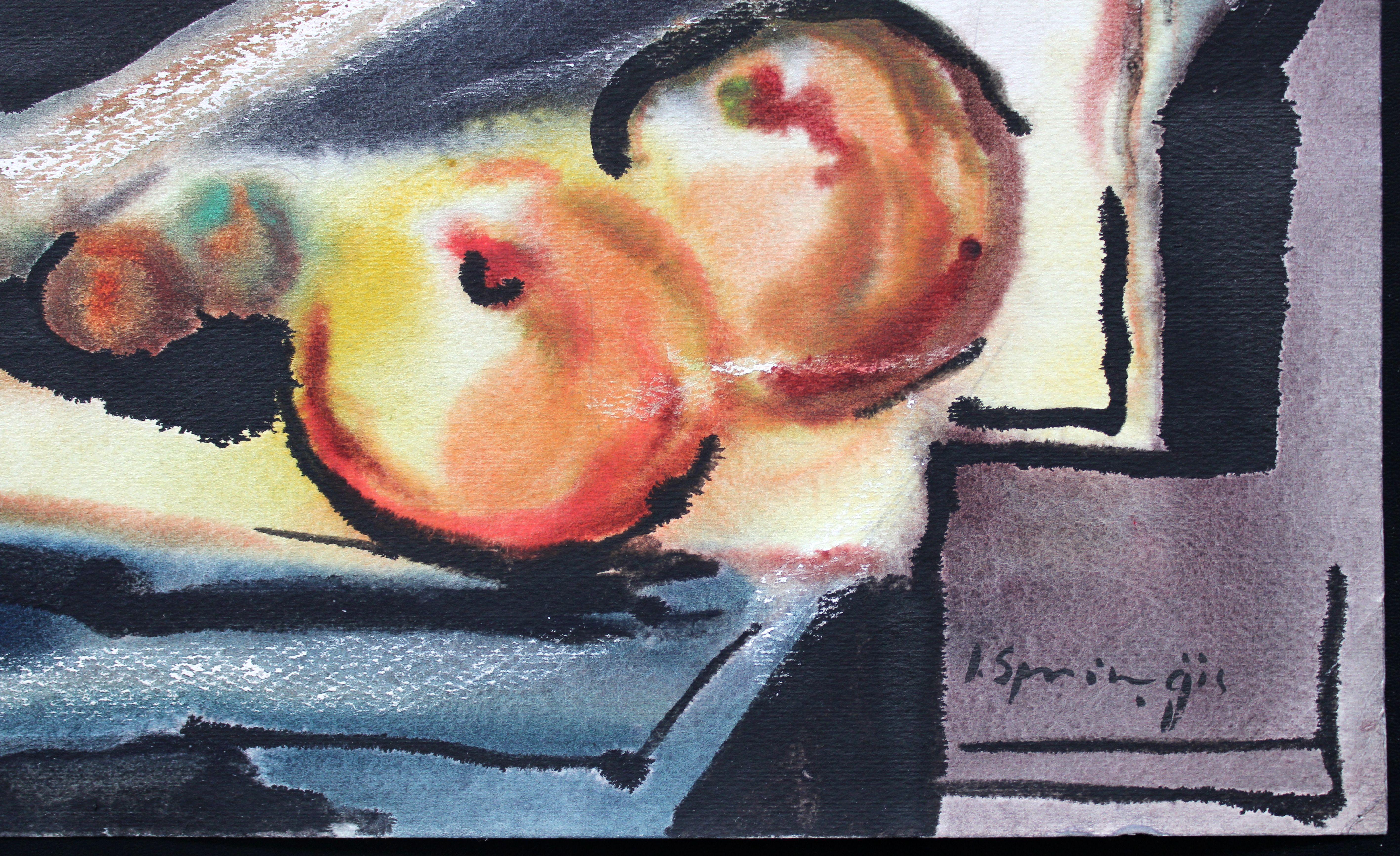 Still life with a basket  1970's, watercolor on paper, 76x55 cm - Impressionist Art by Jekabs Arturs Springis 