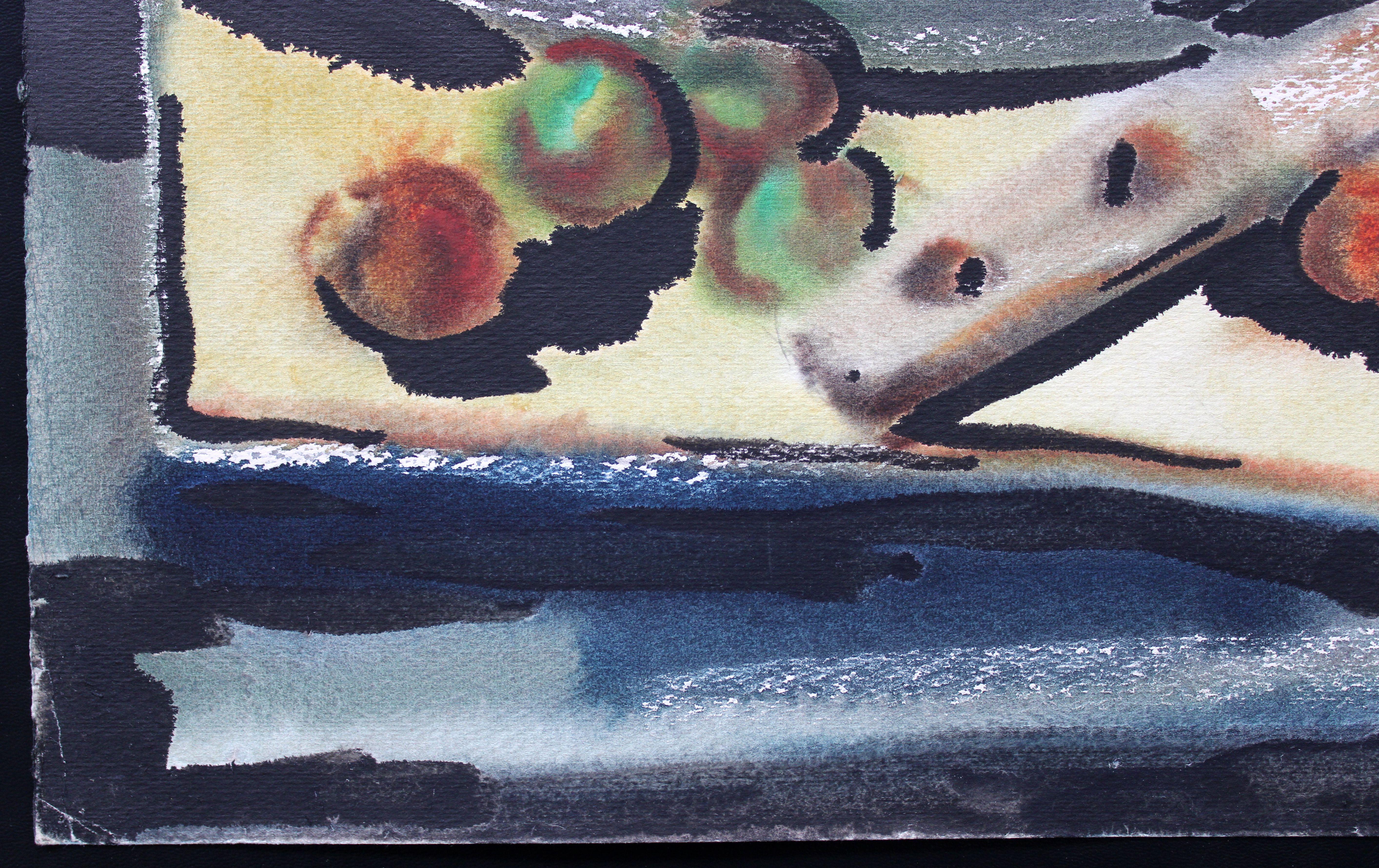 Still life with a basket  1970's, watercolor on paper, 76x55 cm - Gray Still-Life by Jekabs Arturs Springis 
