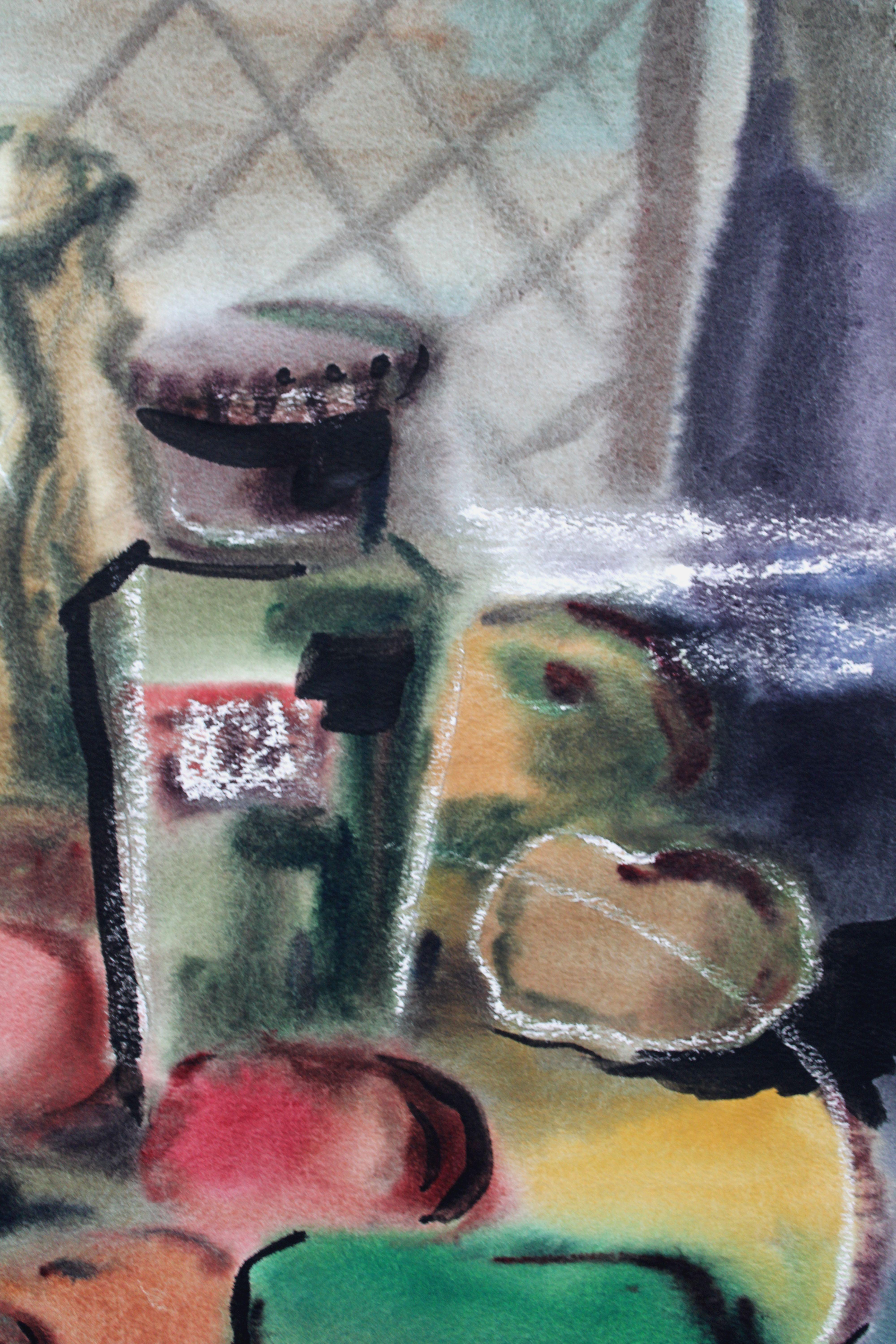 Still life with a basket  1970's, watercolor on paper, 76x55 cm For Sale 1