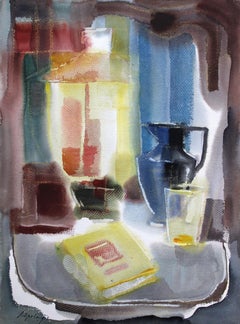 Stillleben mit blauer Tasse und Buch. 1980er Jahre, Aquarell auf Papier, 75x56 cm