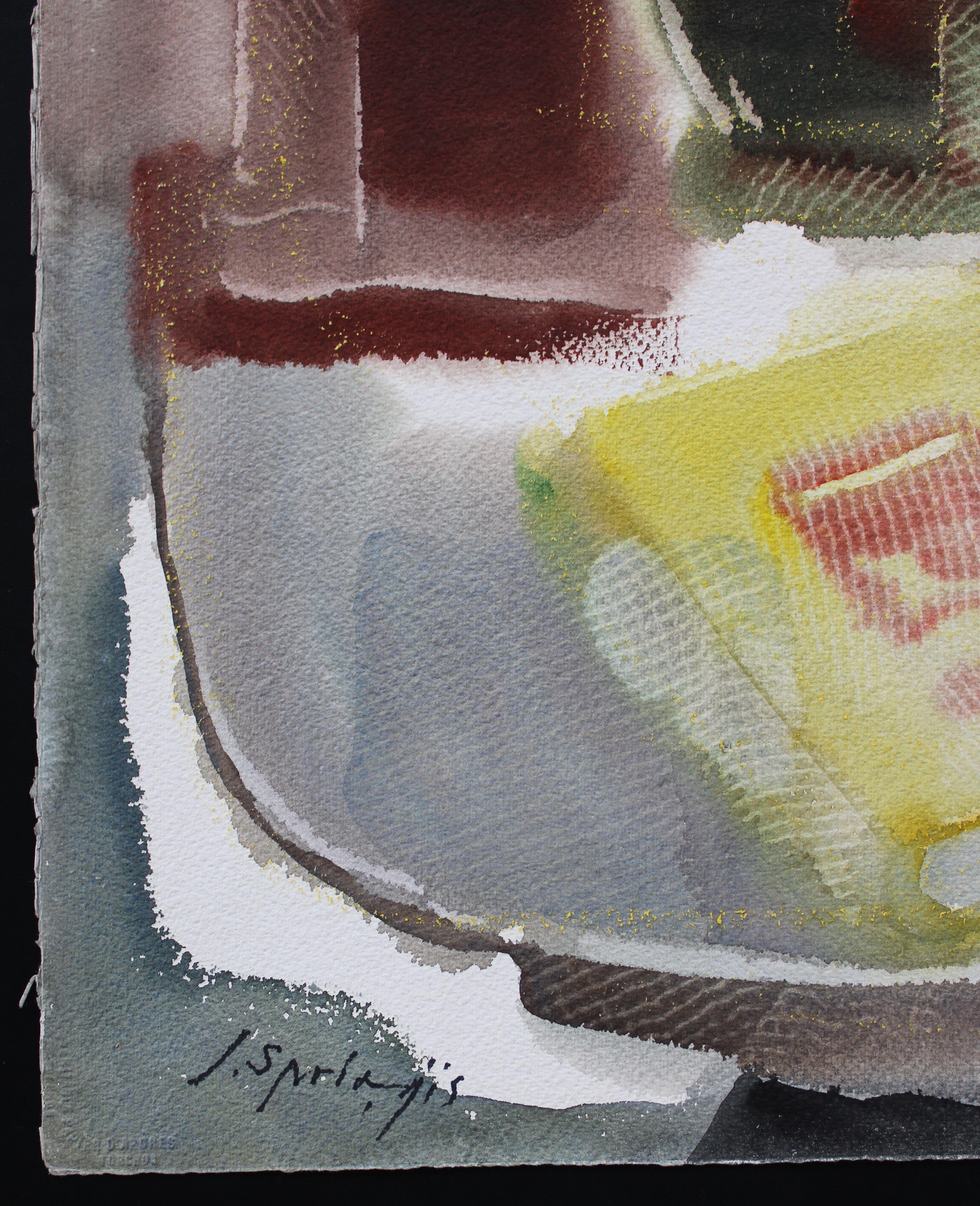 Stillleben mit blauer Tasse und Buch. 1980er Jahre, Aquarell auf Papier, 75x56 cm (Impressionismus), Painting, von Jekabs Arturs Springis 