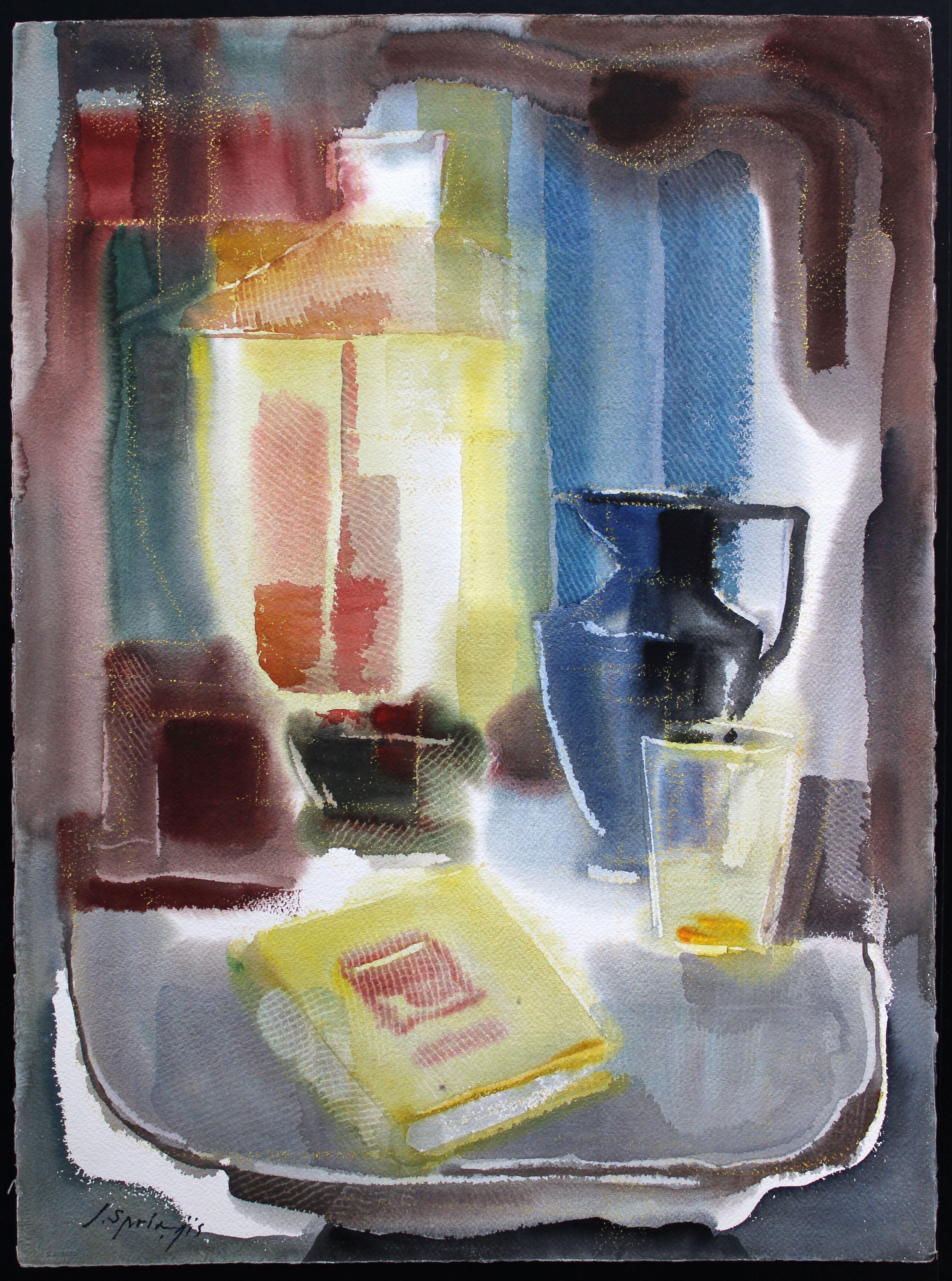 Stillleben mit blauer Tasse und Buch. 1980er Jahre, Aquarell auf Papier, 75x56 cm – Painting von Jekabs Arturs Springis 