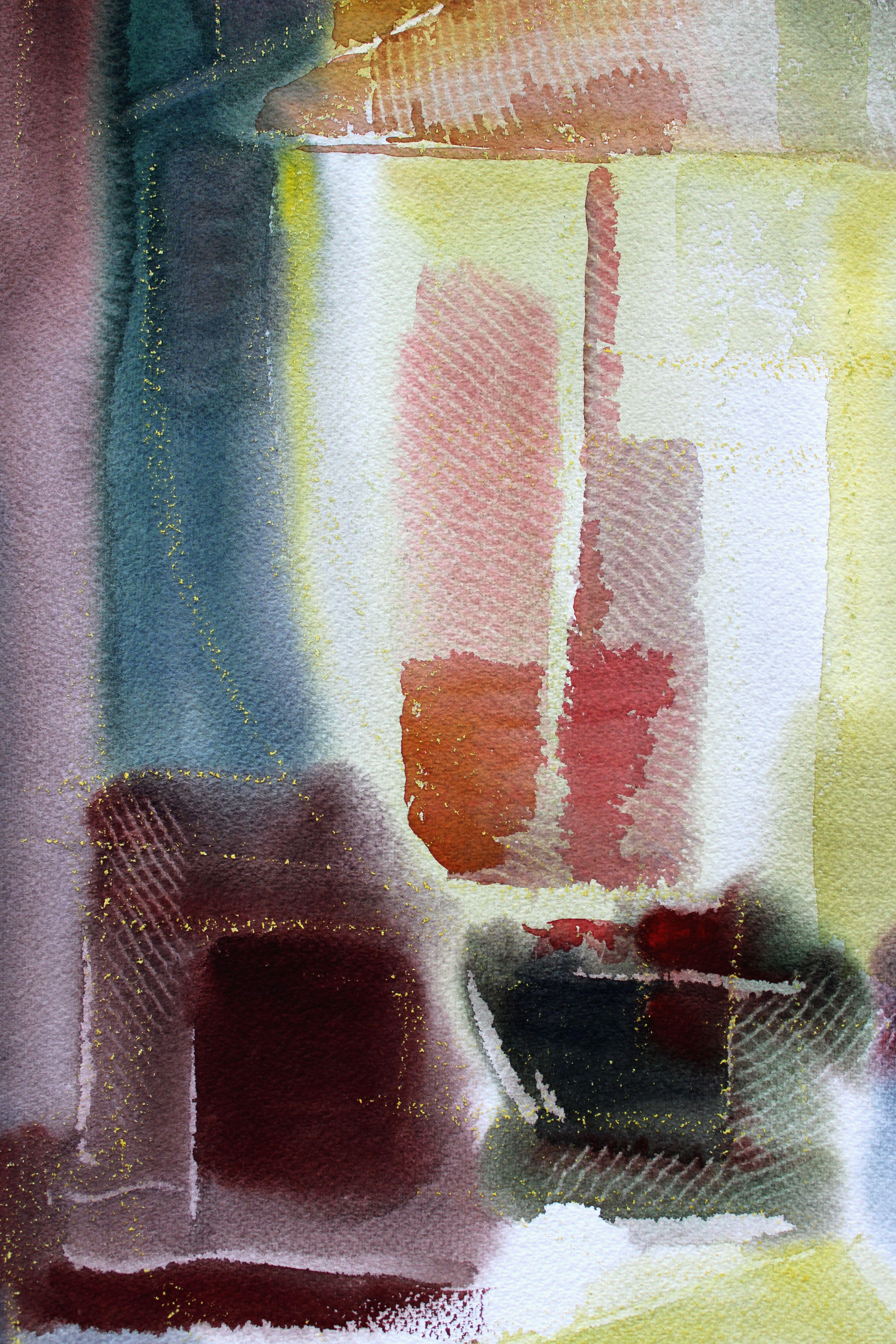 Stillleben mit blauer Tasse und Buch. 1980er Jahre, Aquarell auf Papier, 75x56 cm (Grau), Still-Life Painting, von Jekabs Arturs Springis 