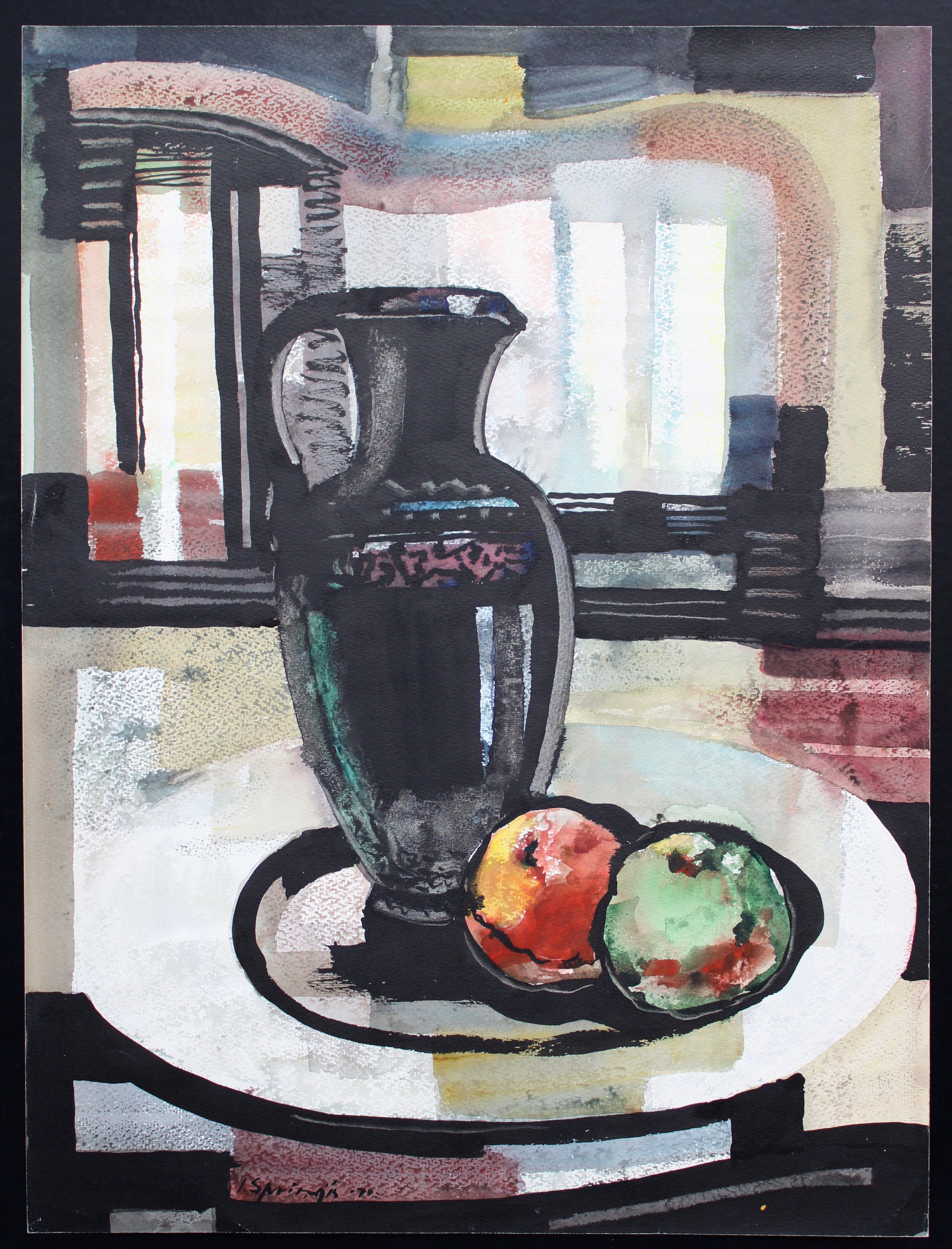 Black mug with apples. 1971, watercolor on paper, 72, 5 x 54 cm - Painting by Jekabs Arturs Springis 