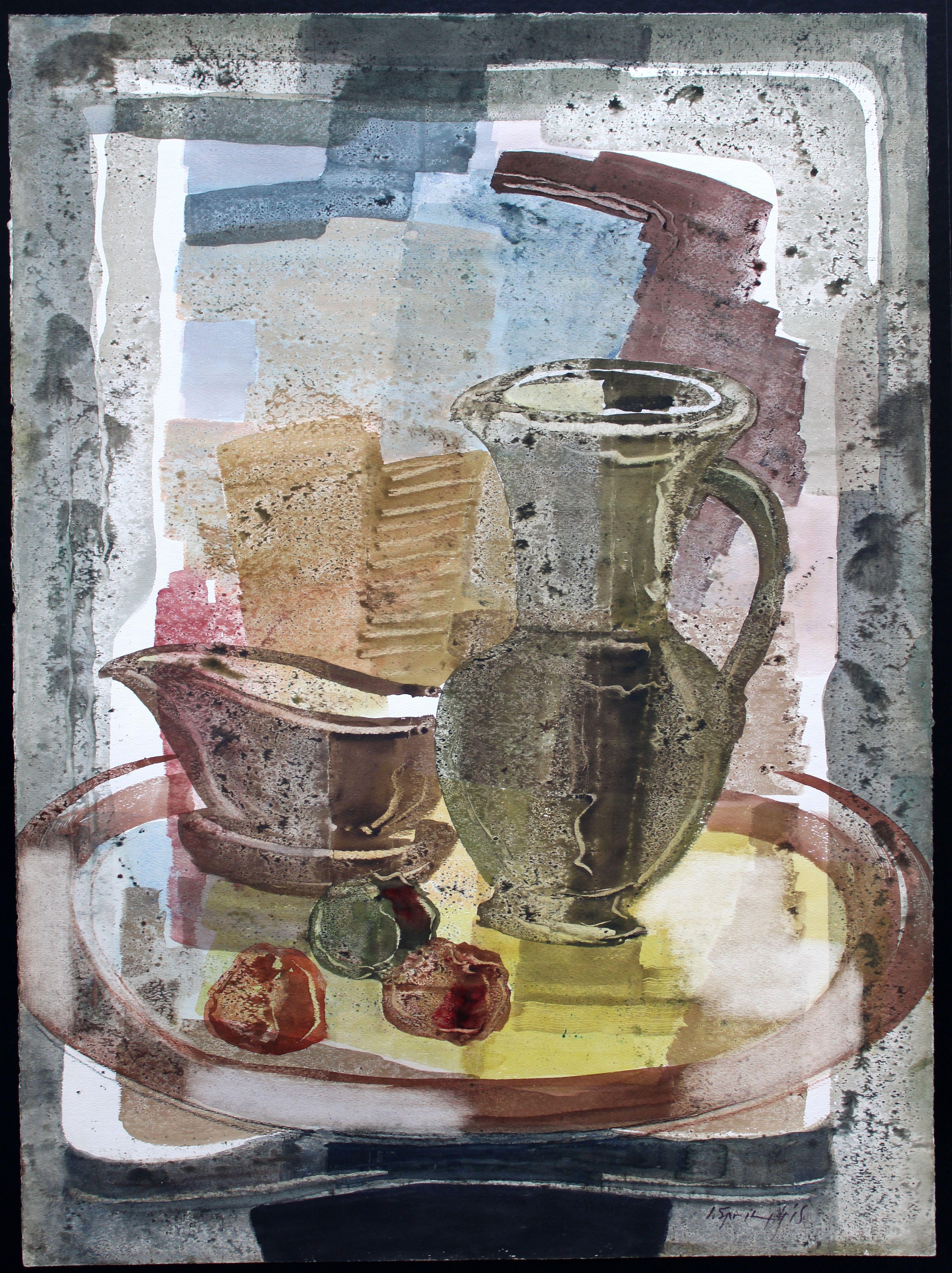 Natura morta con vassoio  Anni '80, acquerello su carta, 75x55 cm - Painting di Jekabs Arturs Springis 