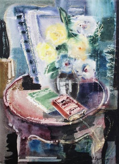 Libros con flores amarillas. Años 80, acuarela sobre papel, 73x54 cm