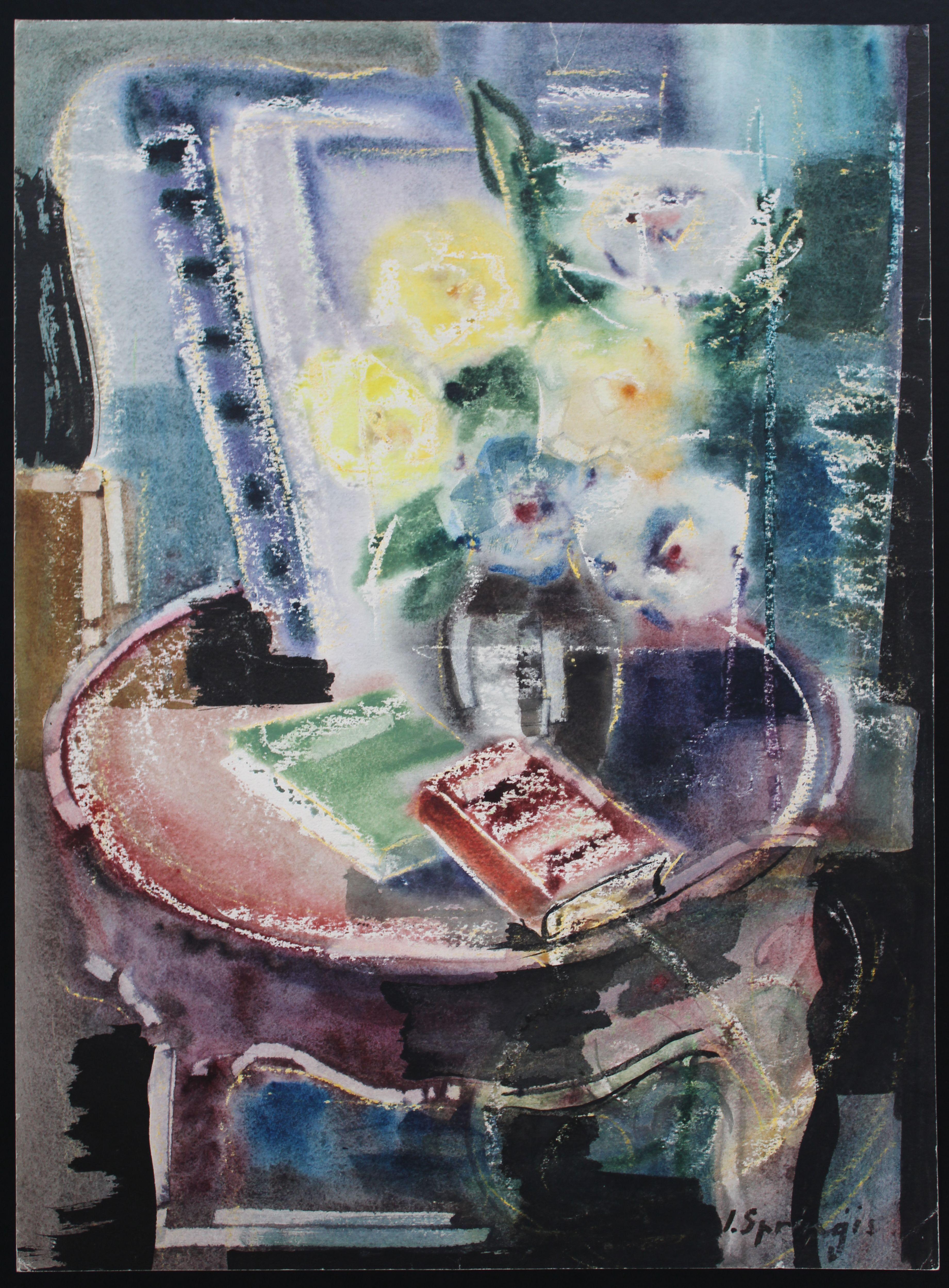 Bücher mit gelben Blumen. 1980er Jahre, Aquarell auf Papier, 73x54 cm – Painting von Jekabs Arturs Springis 