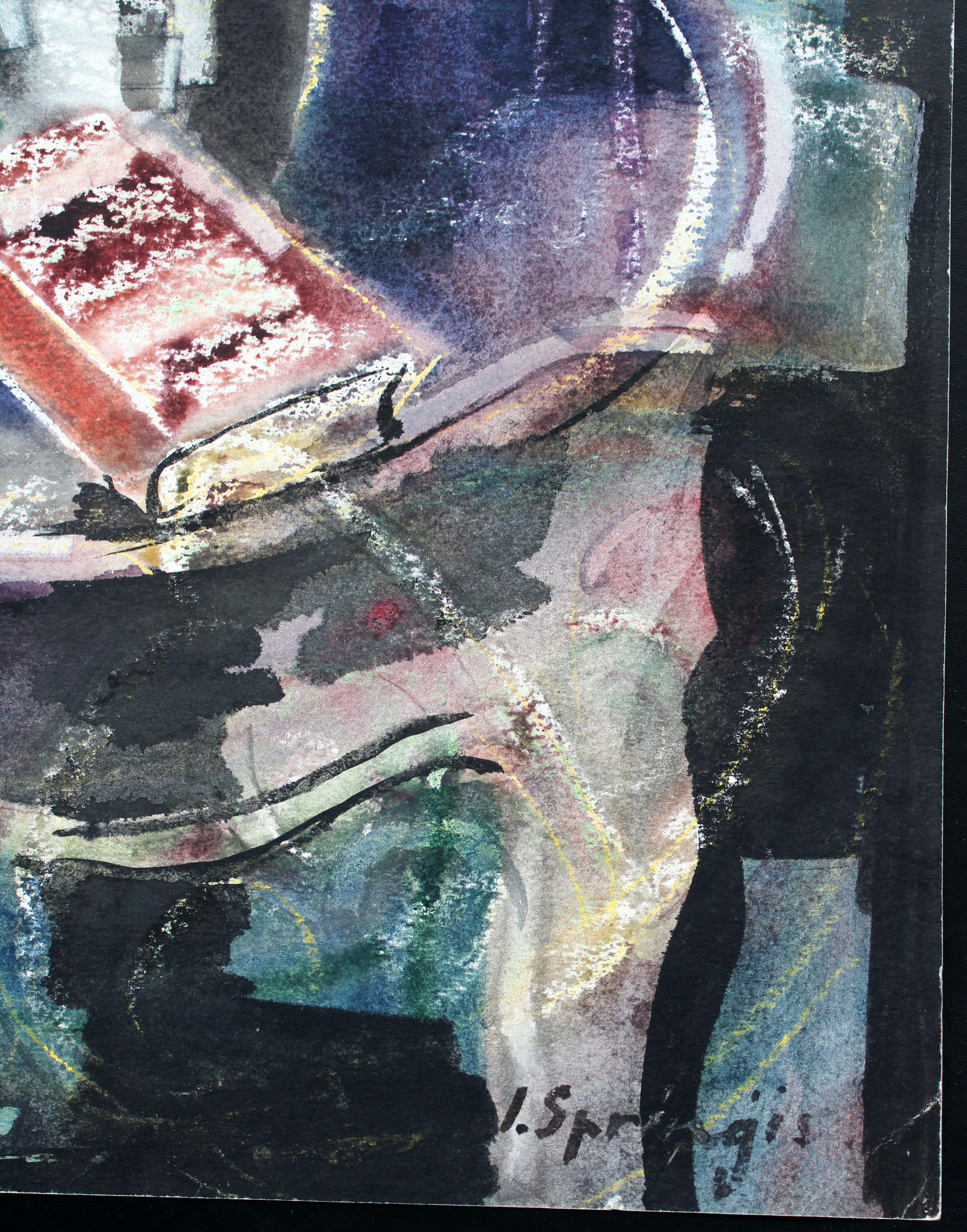 Bücher mit gelben Blumen. 1980er Jahre, Aquarell auf Papier, 73x54 cm (Grau), Still-Life Painting, von Jekabs Arturs Springis 