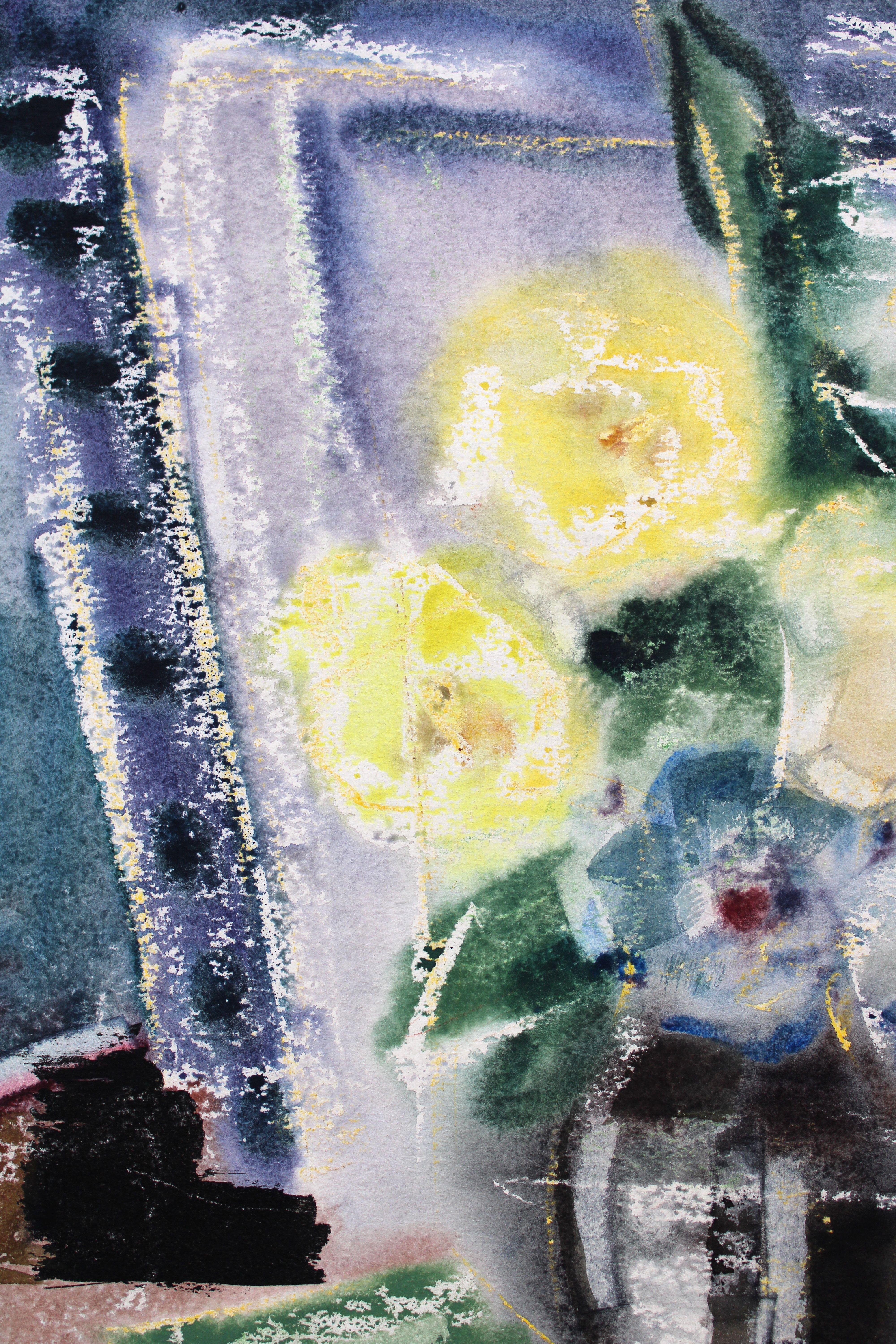 Bücher mit gelben Blumen. 1980er Jahre, Aquarell auf Papier, 73x54 cm im Angebot 1
