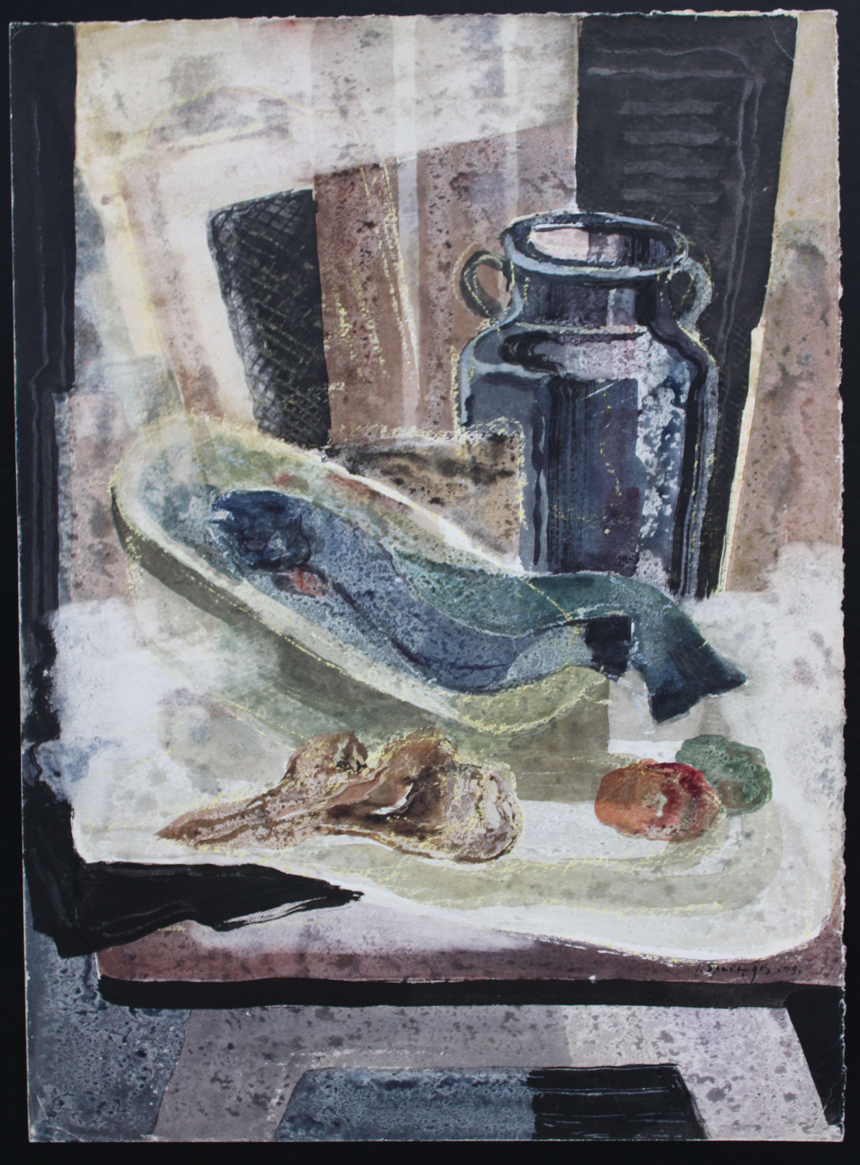 Stilleben mit Aalrutte. 1979, Aquarell auf Papier, 75x55 cm – Painting von Jekabs Arturs Springis 