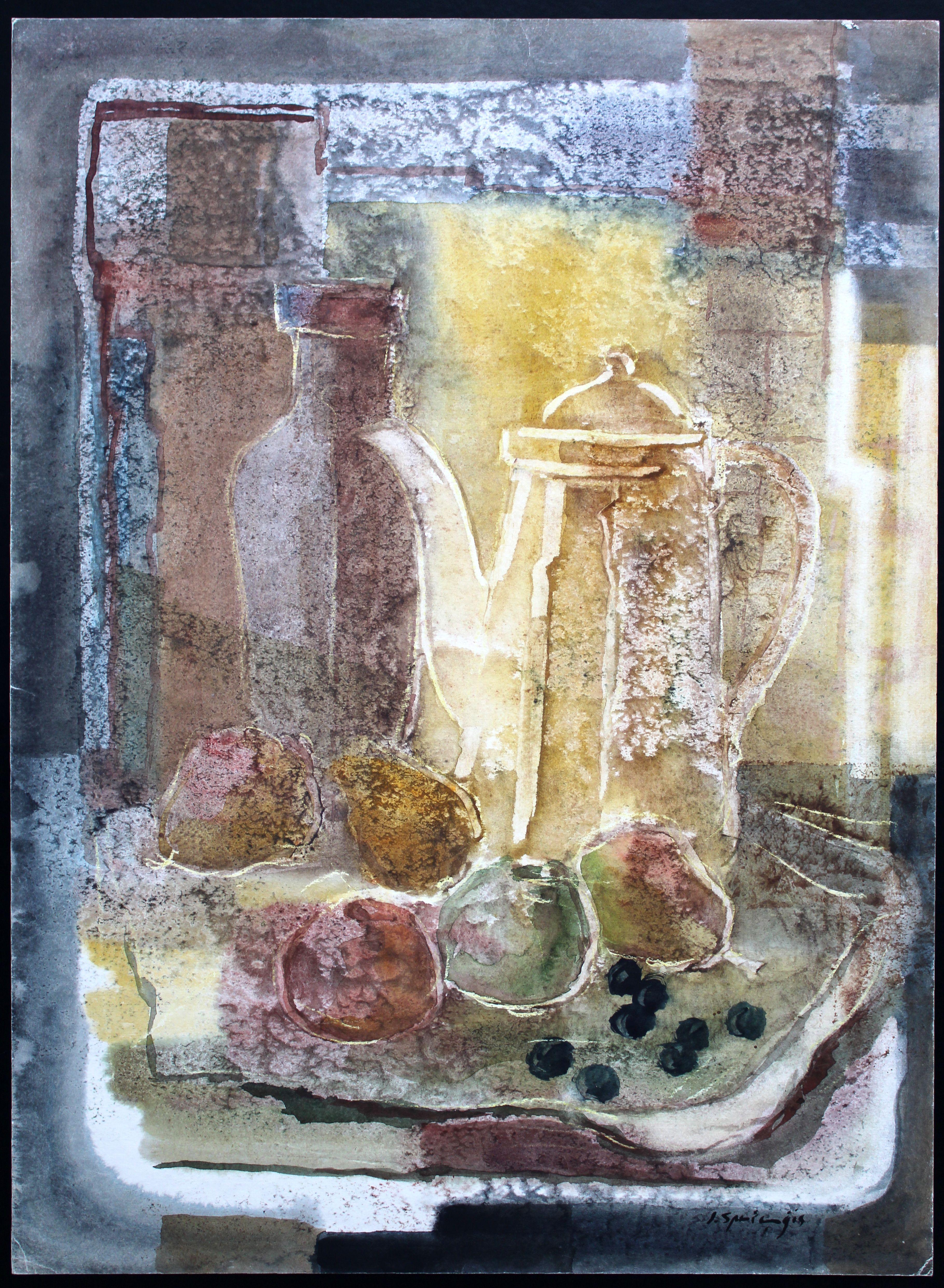 Piatti con Oliver  1984, acquerello su carta, 74, 5 x 55 cm - Painting di Jekabs Arturs Springis 