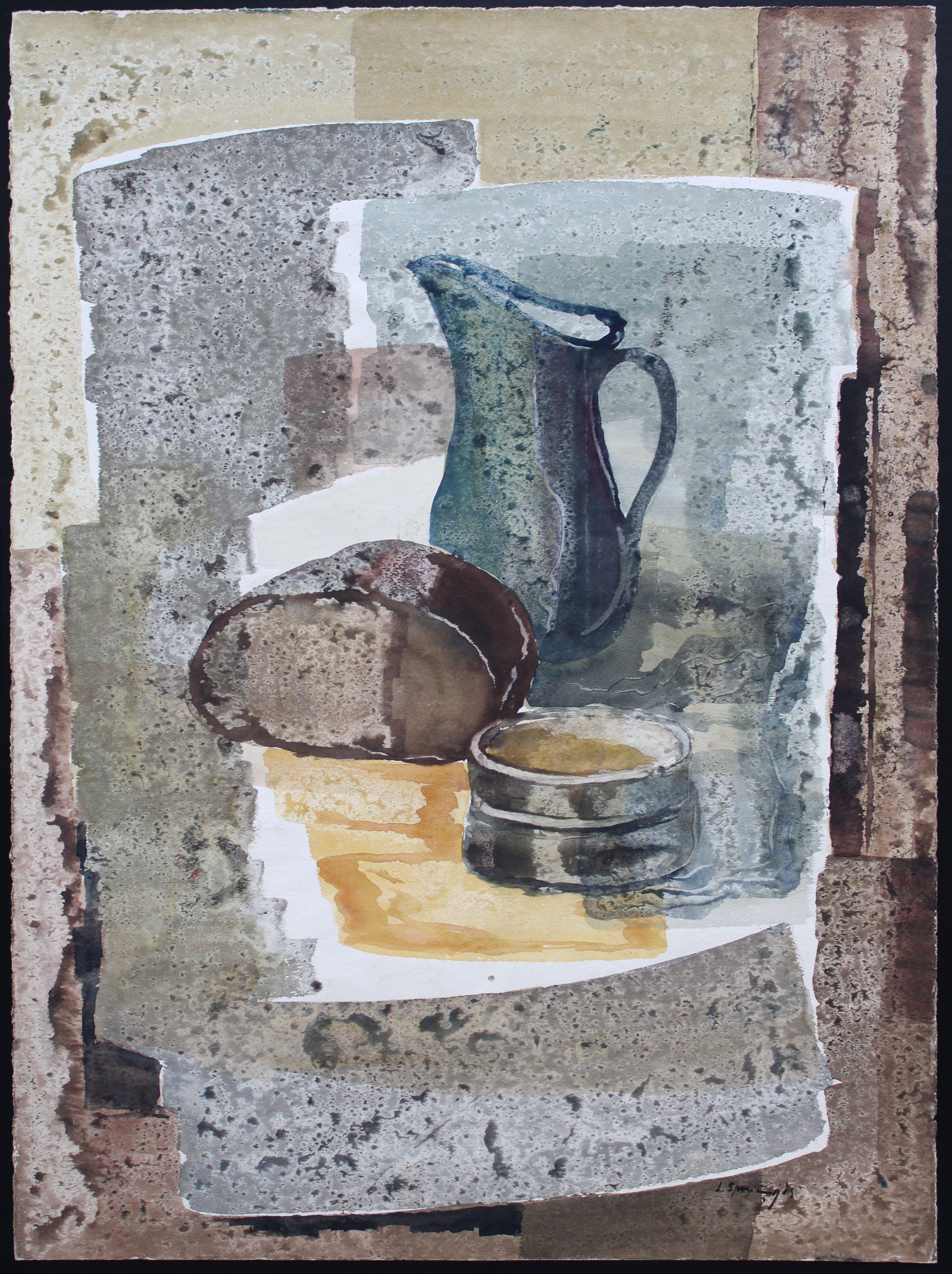 Natura morta con pane  1983, acquerello su carta, 75, 5 x 55, 5 cm - Art di Jekabs Arturs Springis 