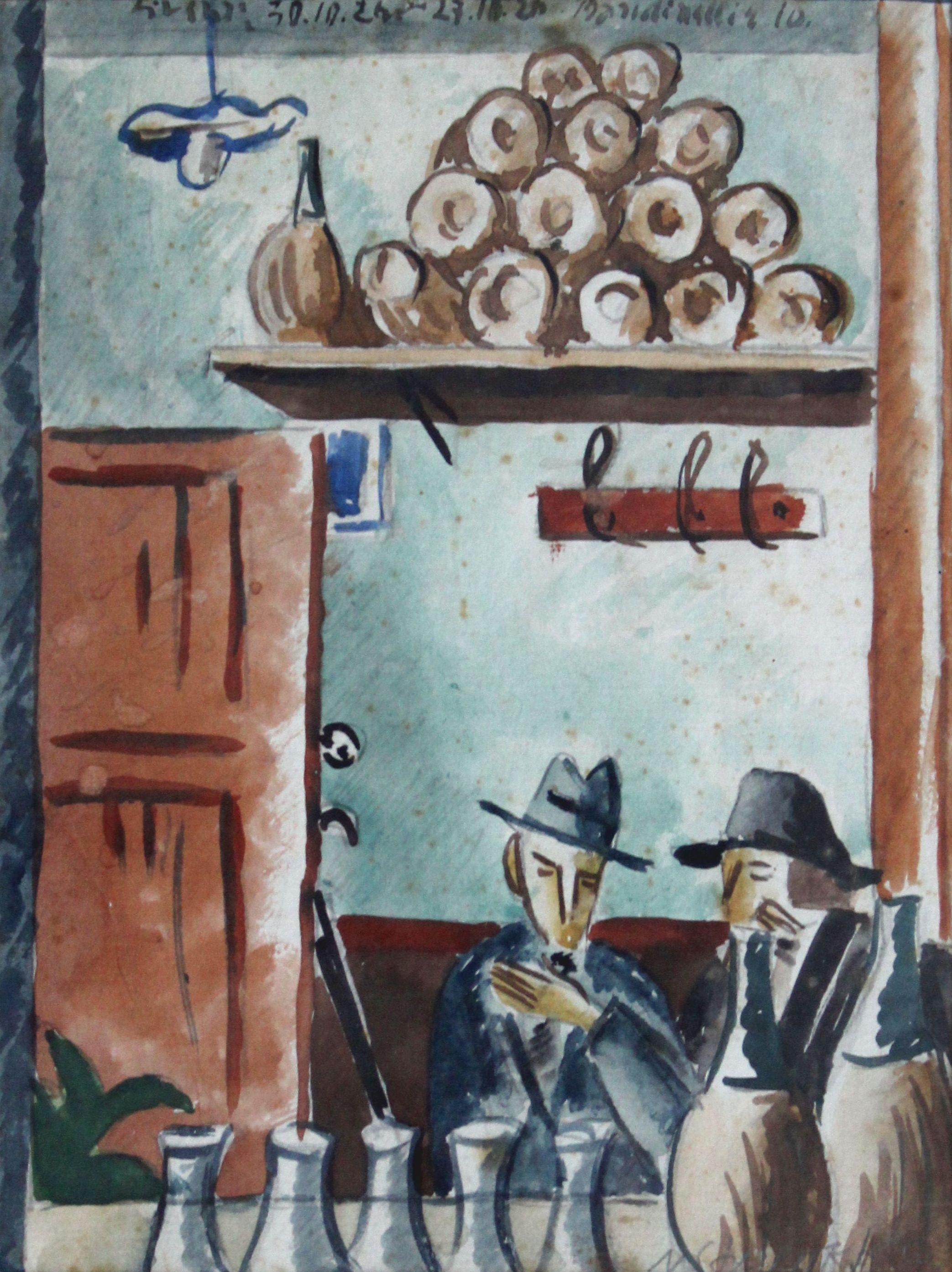 At cafe. Mixed media on paper, 18. 5 x 14 cm