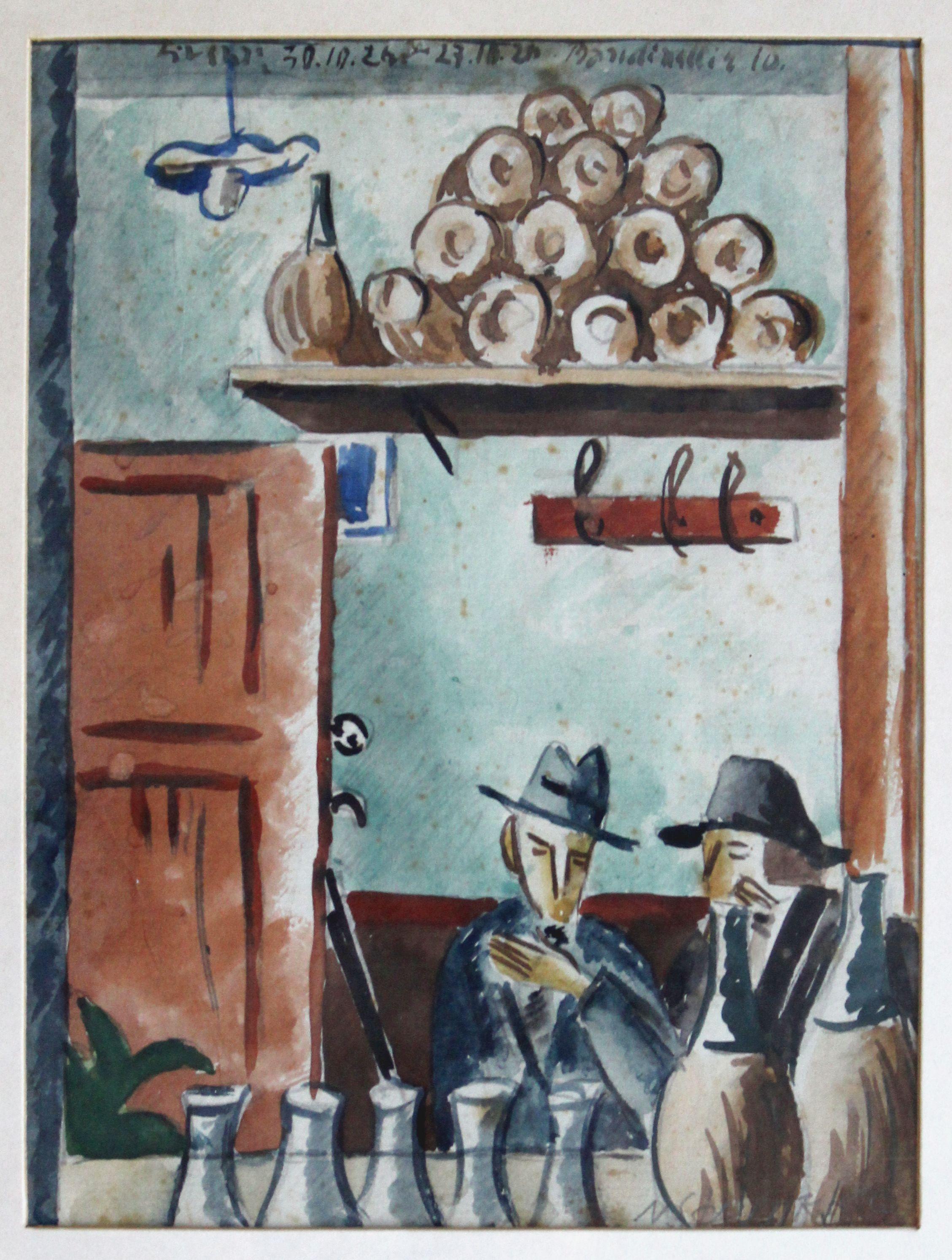 At cafe. Mixed media on paper, 18. 5 x 14 cm - Art by Niklavs Strunke
