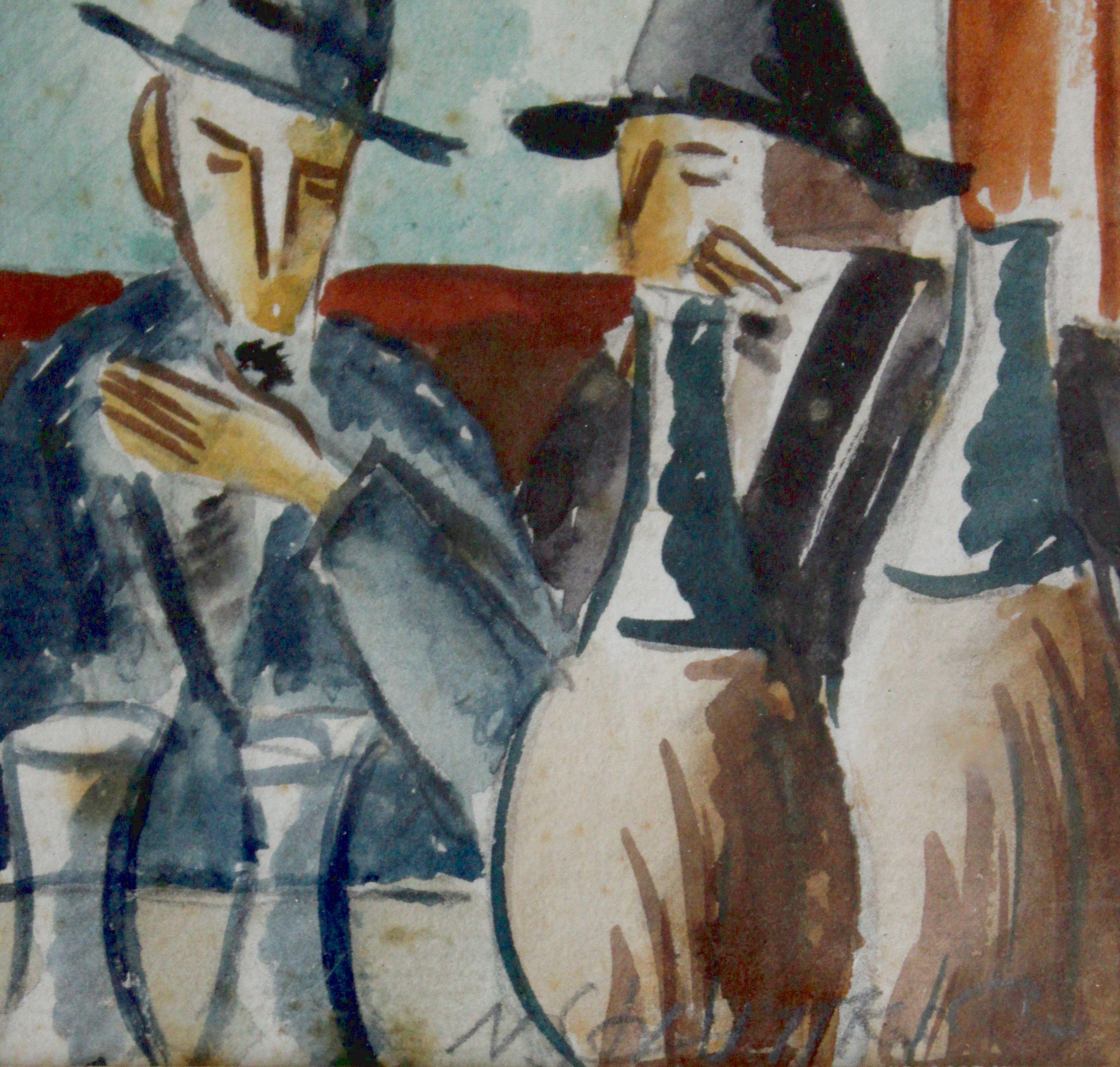 At cafe. Mixed media on paper, 18. 5 x 14 cm - Impressionist Art by Niklavs Strunke