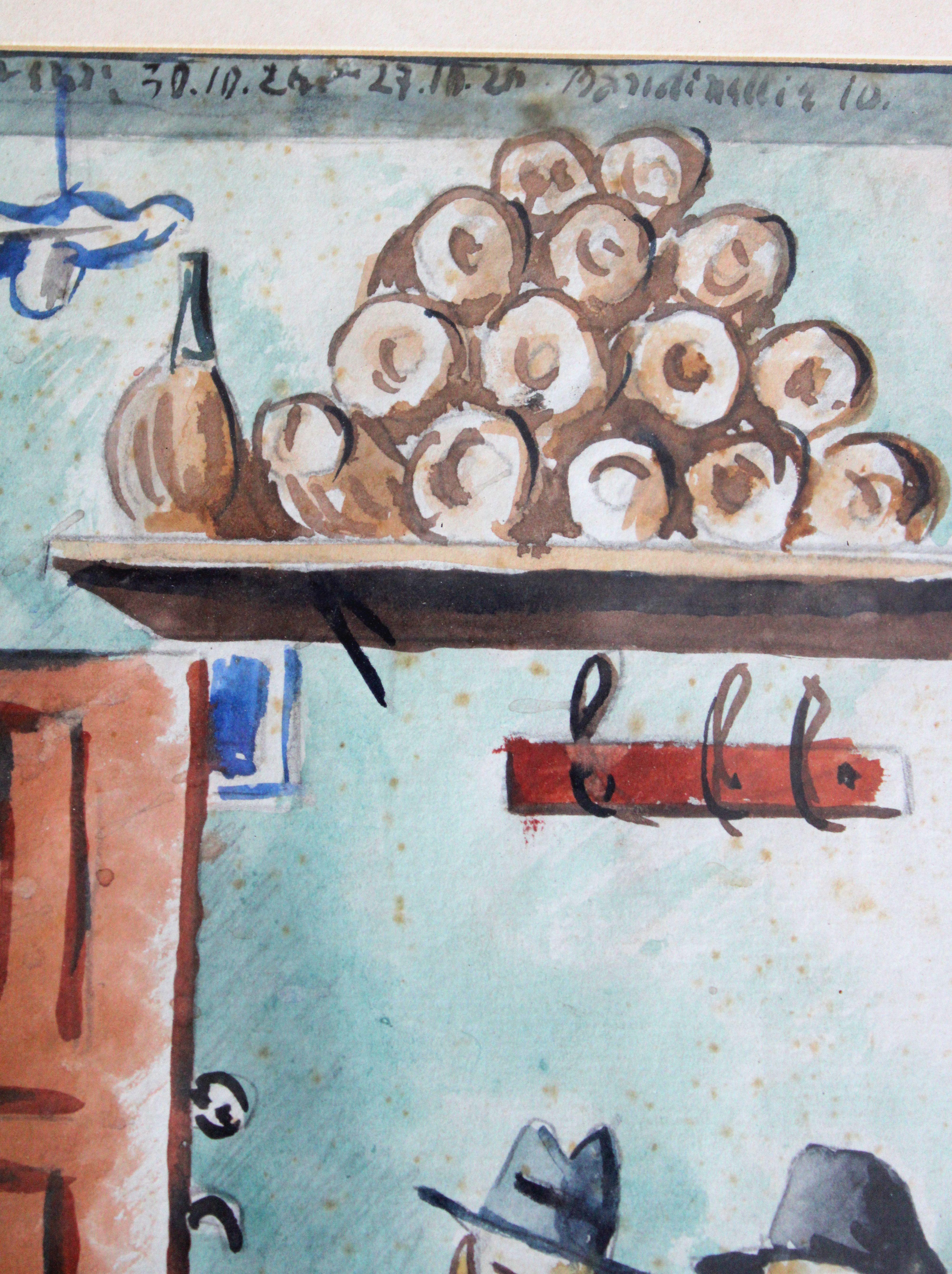 At cafe. Mixed media on paper, 18. 5 x 14 cm - Gray Interior Art by Niklavs Strunke