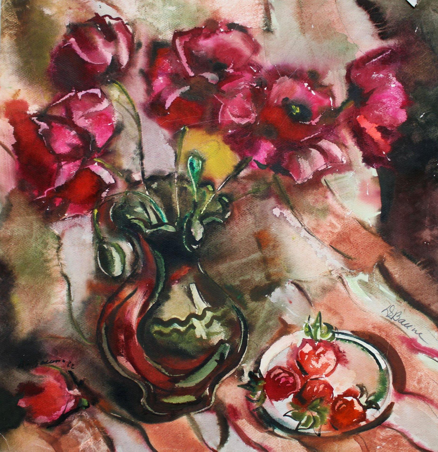 Still-Life Dzidra Bauma - Coquelicots et fraises  1982. Papier, aquarelle, 60x58 cm