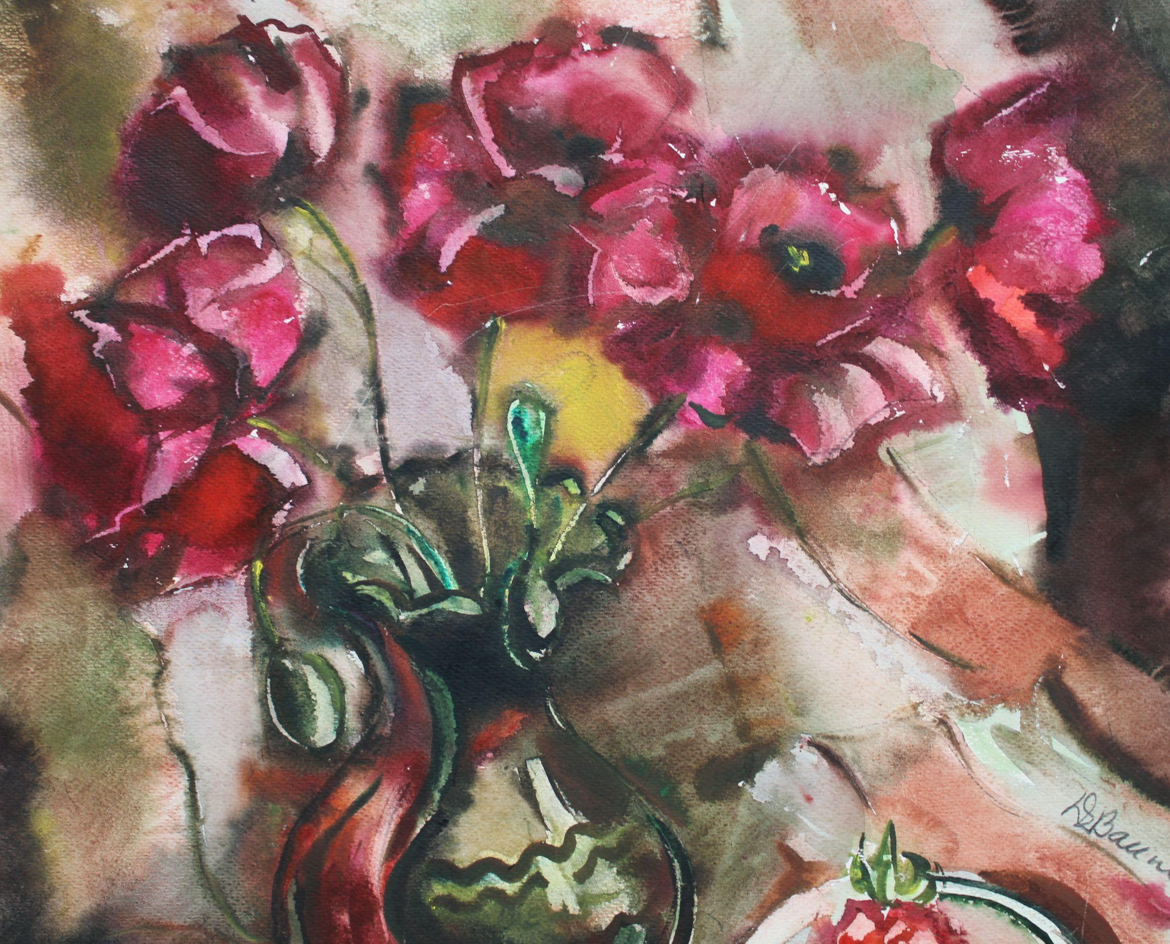 Coquelicots et fraises  1982. Papier, aquarelle, 60x58 cm - Impressionnisme Art par Dzidra Bauma