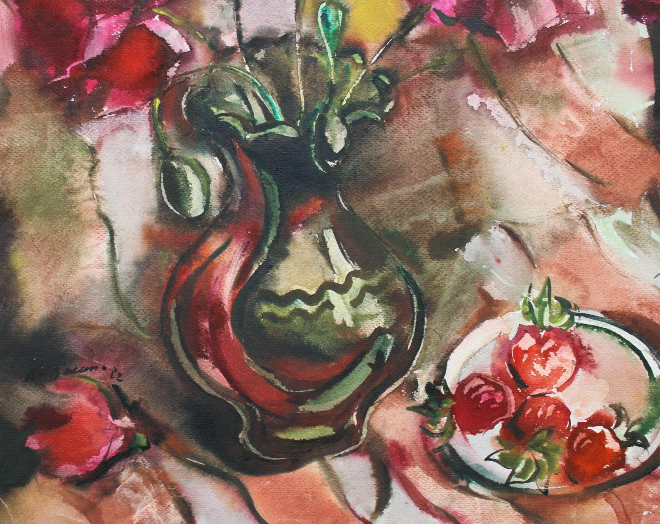 Coquelicots et fraises  1982. Papier, aquarelle, 60x58 cm - Marron Still-Life par Dzidra Bauma