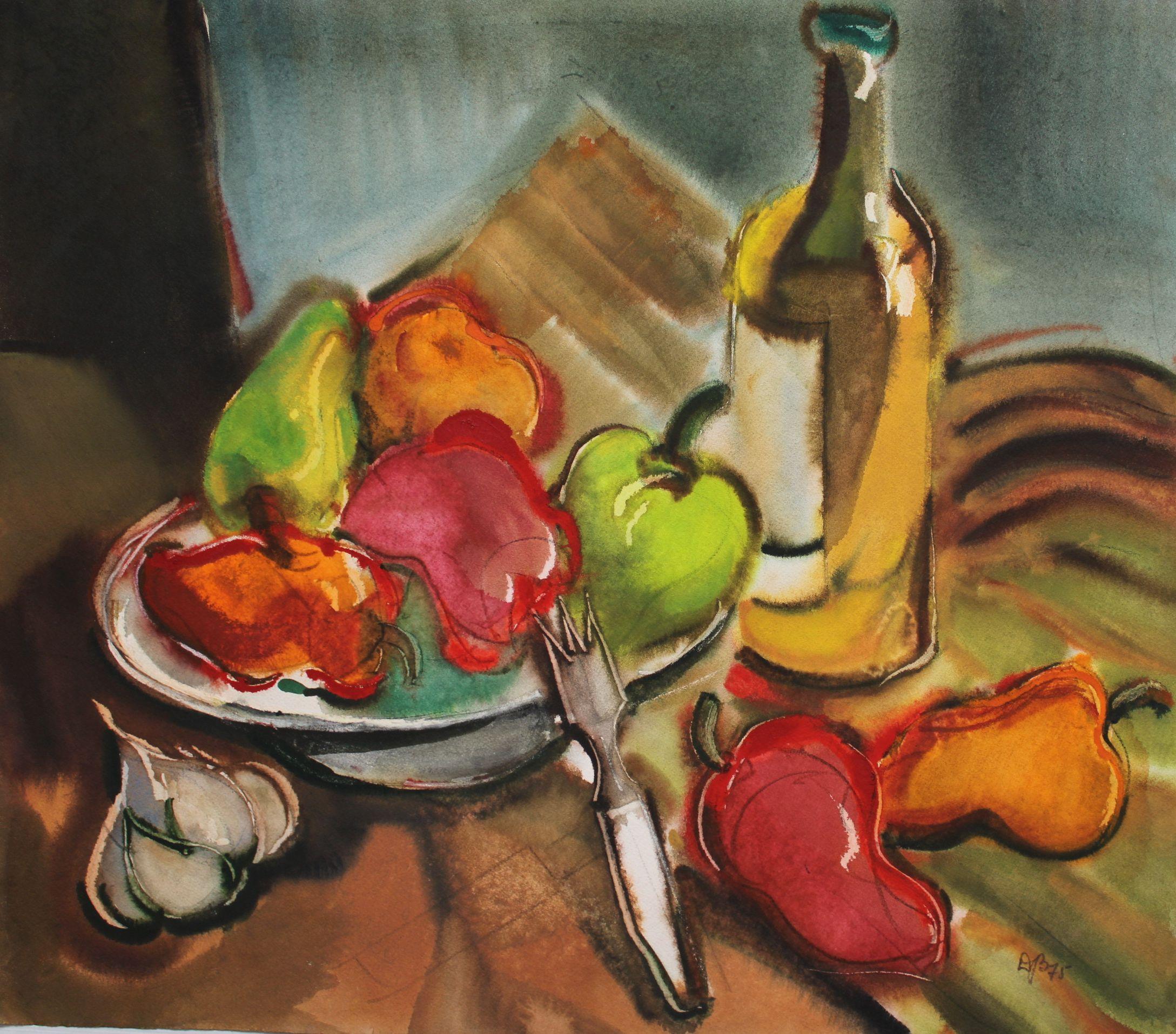 Still life  1975. Paper, watercolor, 46x52 cm - Impressionist Art by Dzidra Bauma