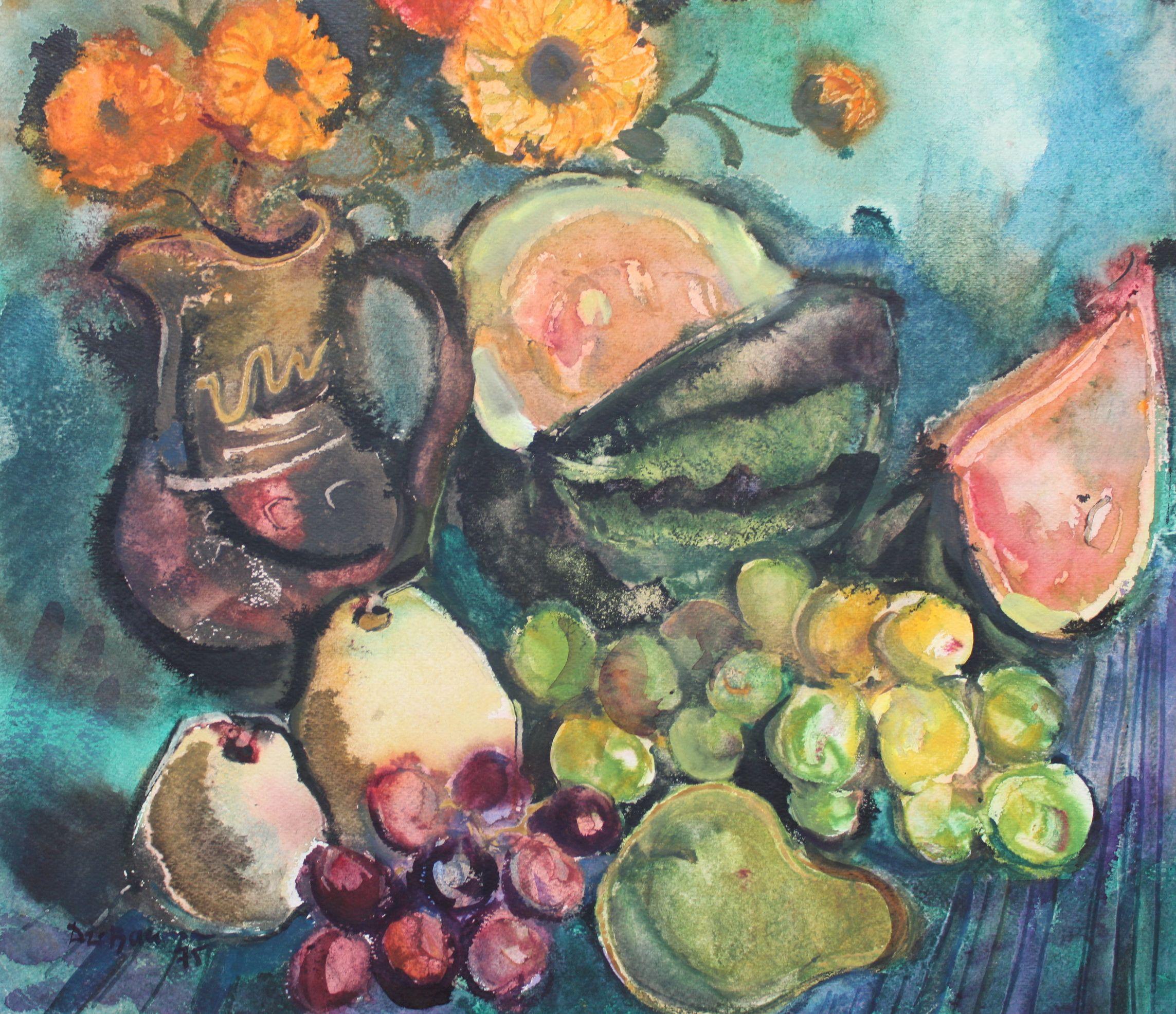 Stilleben mit Früchten  1975. Papier, Aquarell, 54x54 cm – Art von Dzidra Bauma