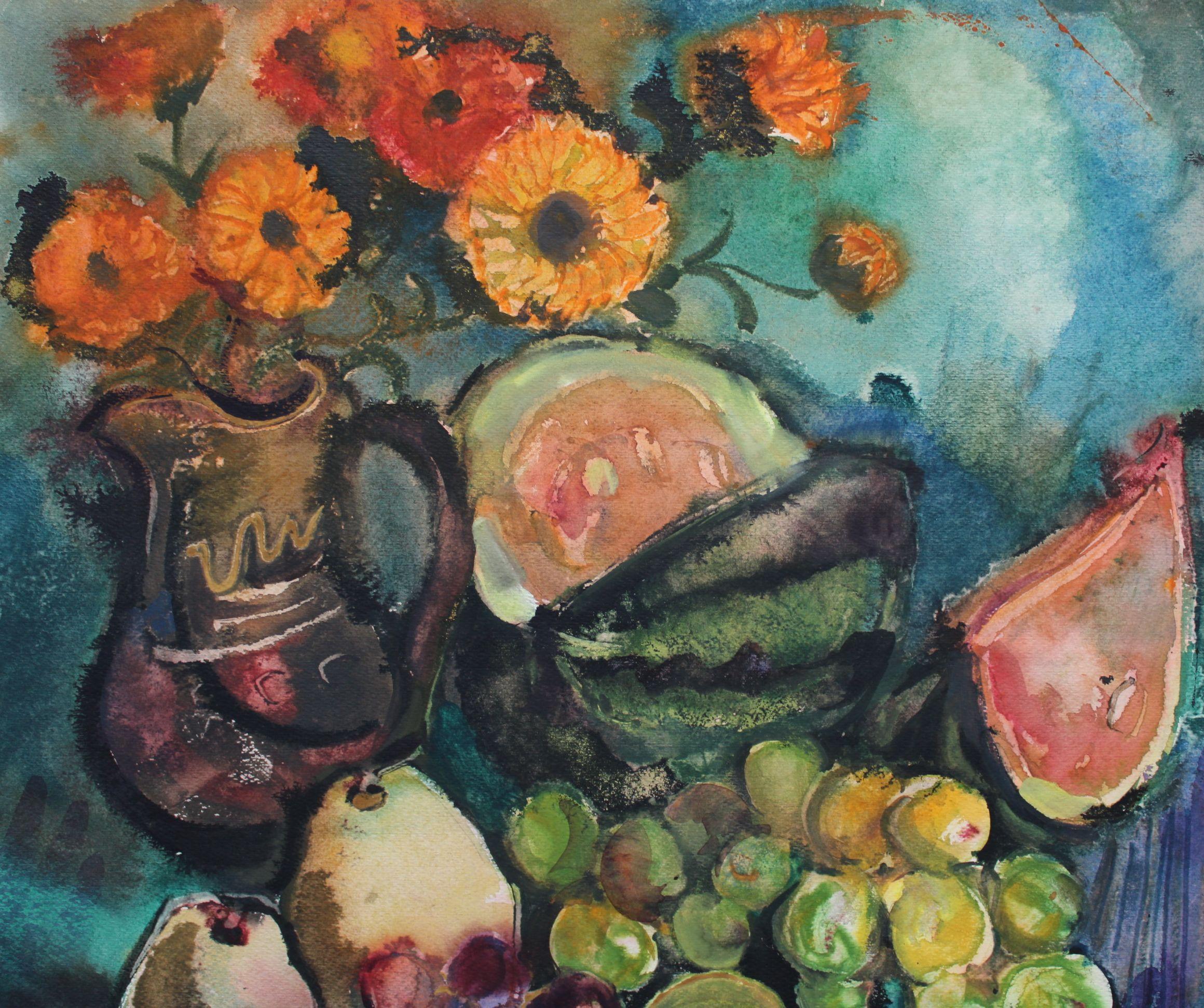 Stilleben mit Früchten  1975. Papier, Aquarell, 54x54 cm (Impressionismus), Art, von Dzidra Bauma