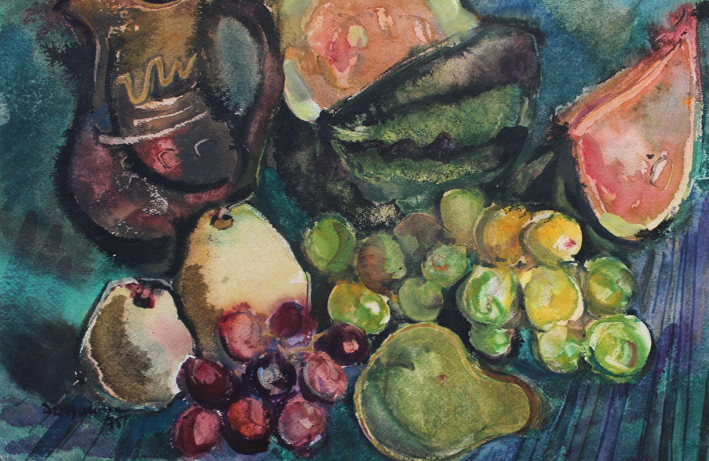 Stilleben mit Früchten  1975. Papier, Aquarell, 54x54 cm (Grau), Still-Life, von Dzidra Bauma