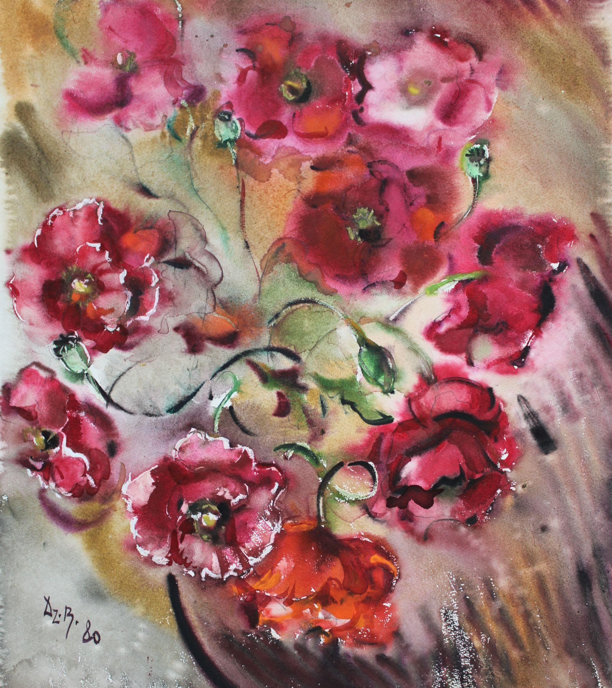 Coquelicots  1980. Papier, aquarelle, 54,5x43,5 cm - Art de Dzidra Bauma