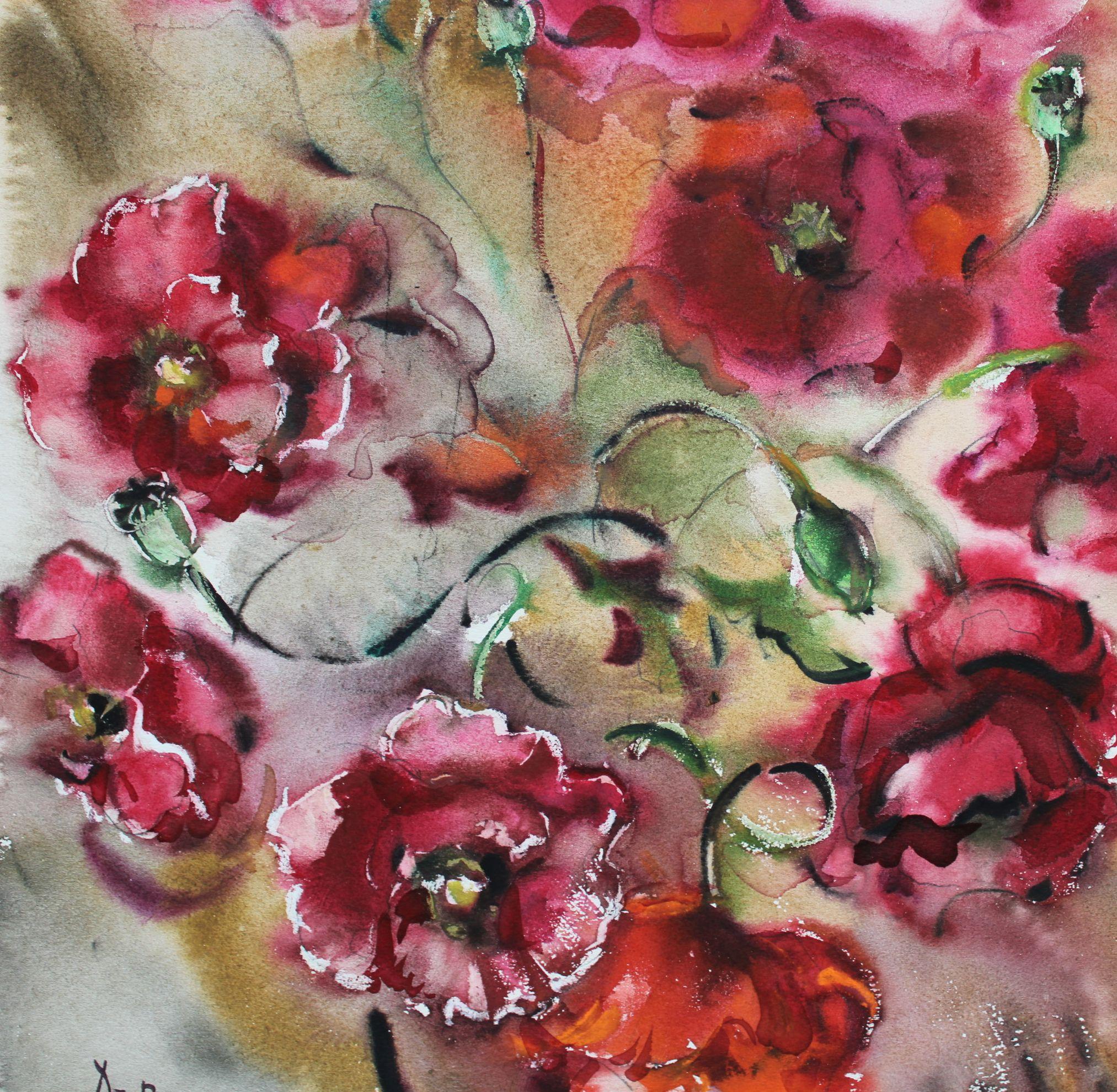 Coquelicots  1980. Papier, aquarelle, 54,5x43,5 cm - Impressionnisme Art par Dzidra Bauma